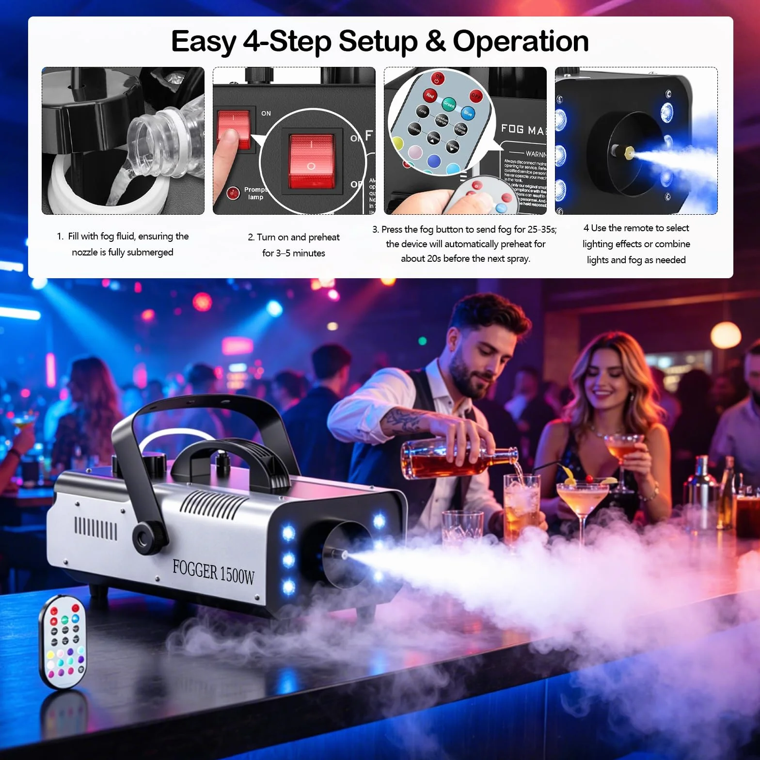 Máquina de humo 1500W con 6 LEDs RGB y mando inalámbrico, máquina de niebla con efectos de luz para DJ, fiestas, Halloween, bodas, Navidad y escenario