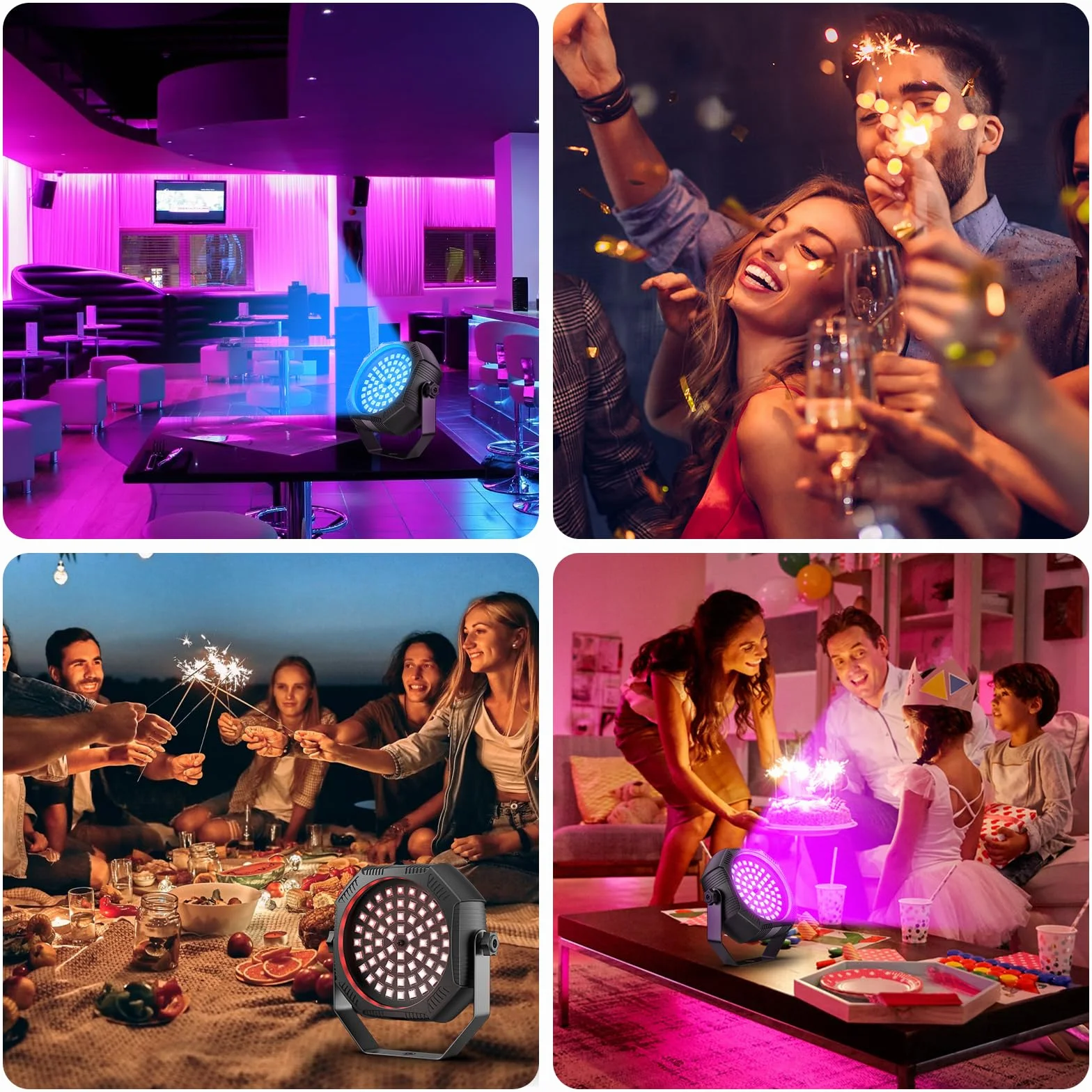 4PCS Mini RGB Focos Par LED Batería, 60 x 0.5W LED 2200mAh Recargable Estroboscópica Luz de Escenario con Control Remoto, Luz de Fiesta para DJ Discoteca Bar Boda Halloween Navidad