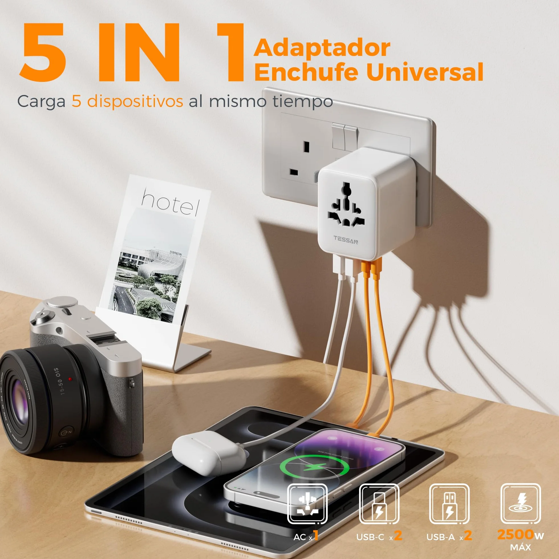 TESSAN Adaptador Enchufe Universal con 2 USB A y 2 USB C para Viaje Inglaterra EE. UU. Japón Tailandia Australia