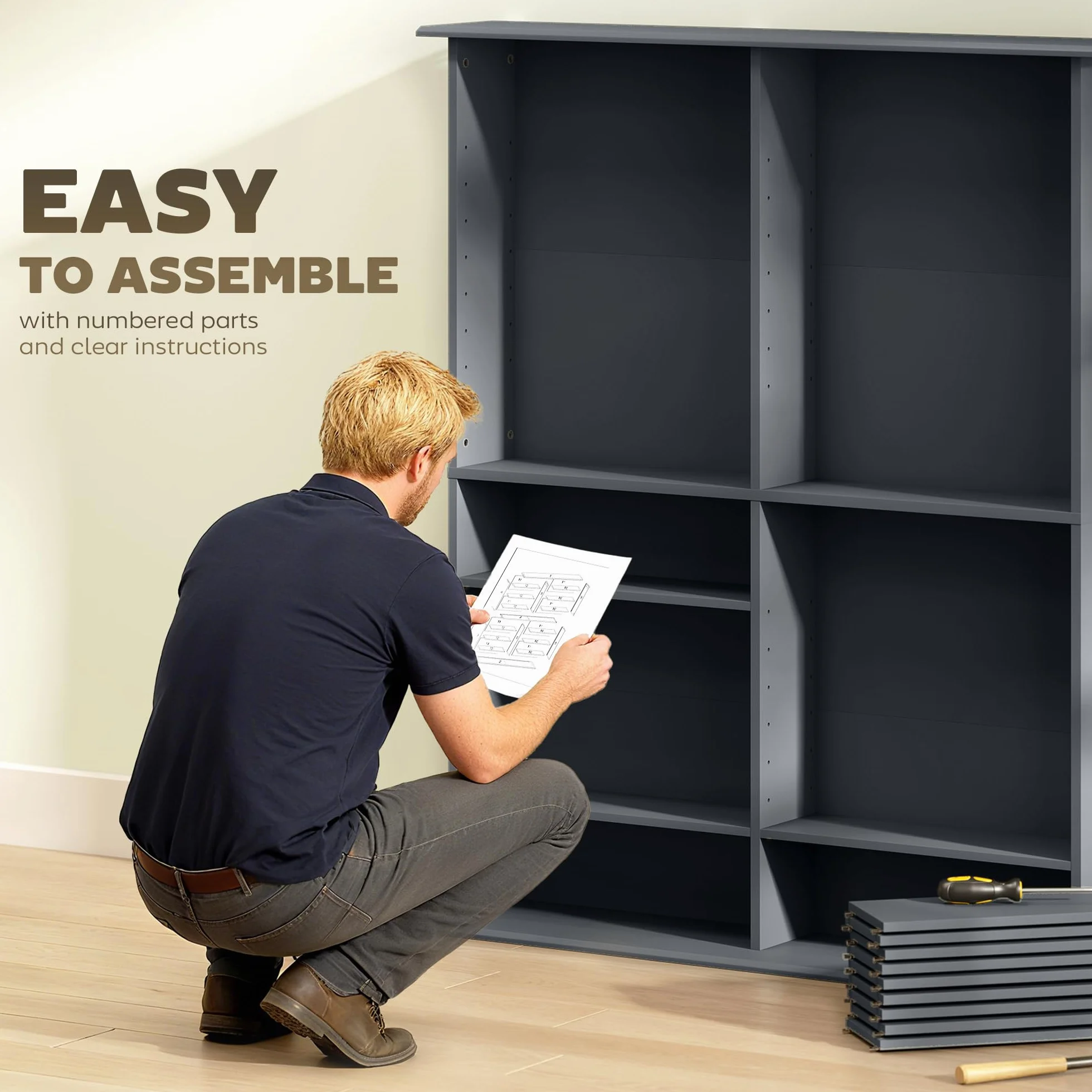 HOMCOM 720 CD/396 DVD Storage Unit, 396 Blu-ray Media Storage Shelf with 16 Compartments and 12 Adjustable Shelves, CD Tower for Living Room, Bedroom, Office, Gris