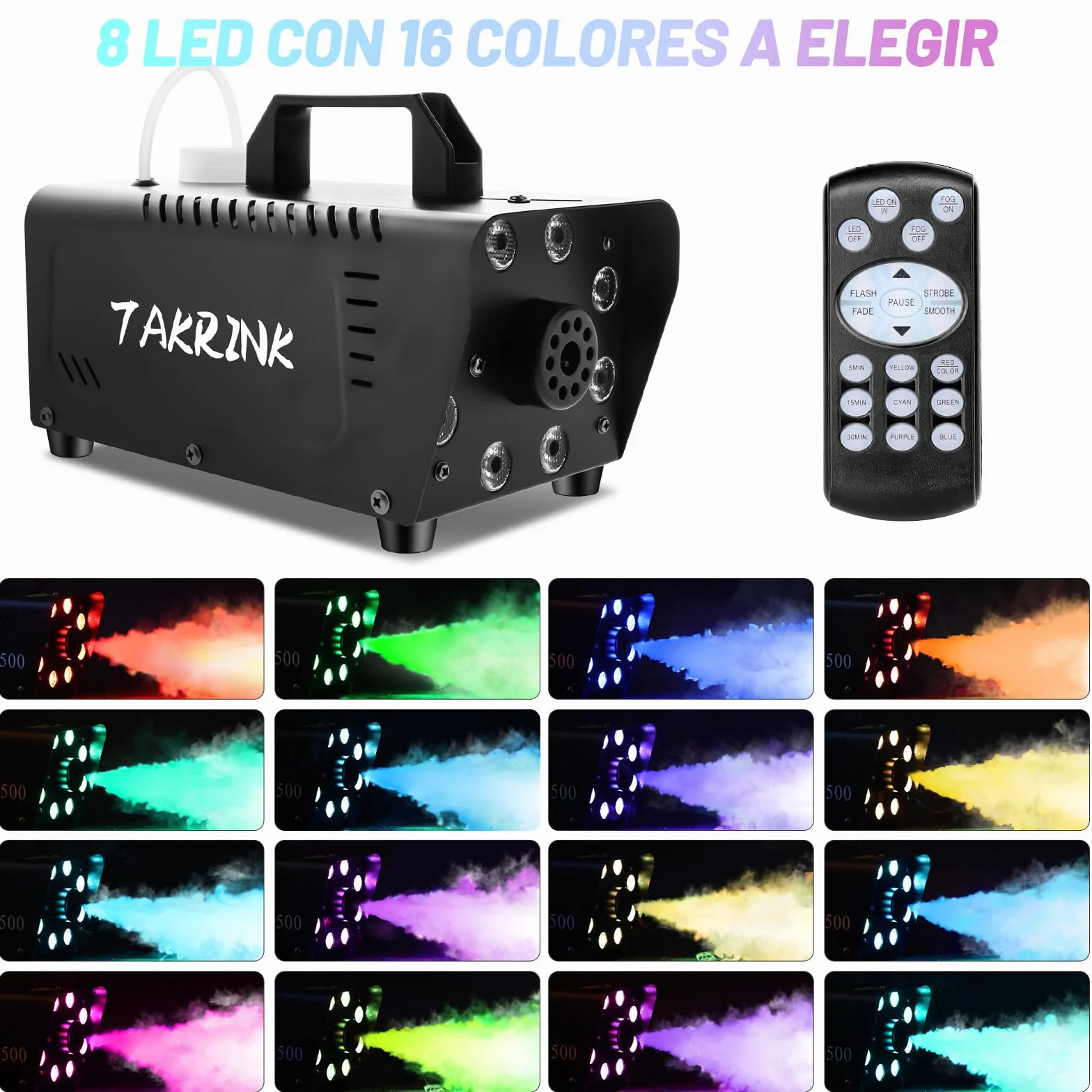 TAKRINK Máquina de Humo 900W con 8 Luces LED RGB de 16 Colores Control Remoto Inalámbrico y Niebla Automática Fog Machine Portátil para Fiestas Bodas Discotecas DJ y Eventos Especiales