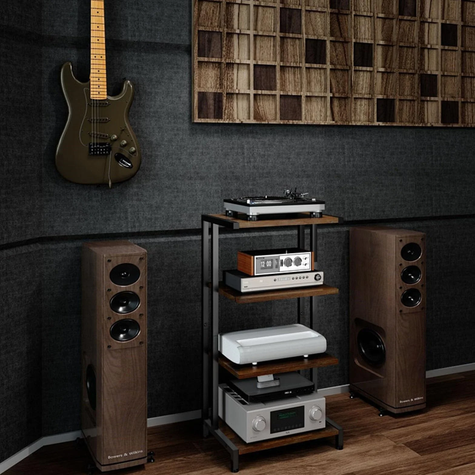 W&H Estante HiFi de madera de 4 niveles, soporte para tocadiscos para álbumes y discos, estantes y soportes estéreo con compartimentos de almacenamiento para reproductores de DVD decodificadores de TV