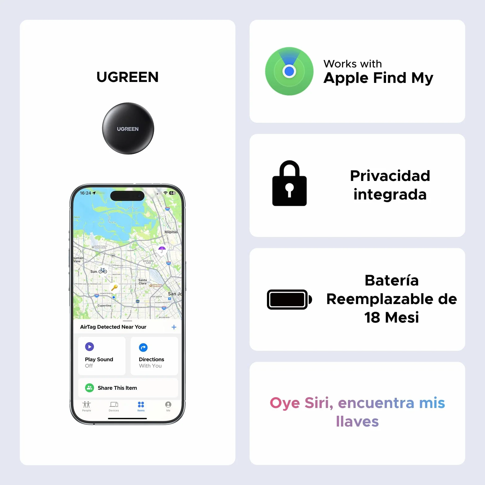 UGREEN FineTrack Mini Tag Localizador Bluetooth SmartTag Tracker 2 Piezas Compatible con Find My iOS Batería 18 Meses