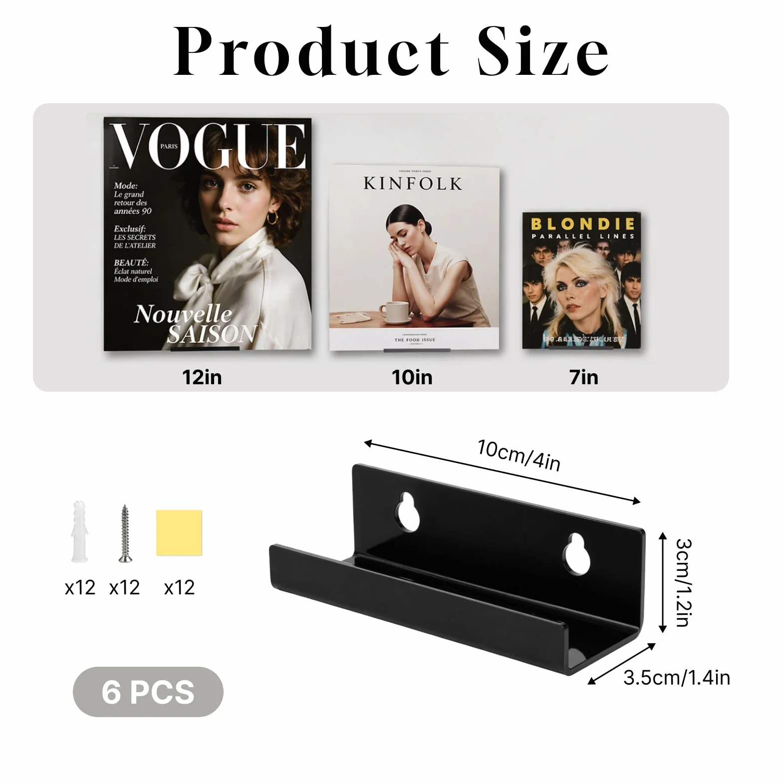 6 Pièces Support Vinyle Mural Noir, Étagère Murale en Acrylique 10x3,5x3 cm avec Vis, práctico almacenamiento de álbumes, LPs y libros para el hogar o la oficina (negro 06)