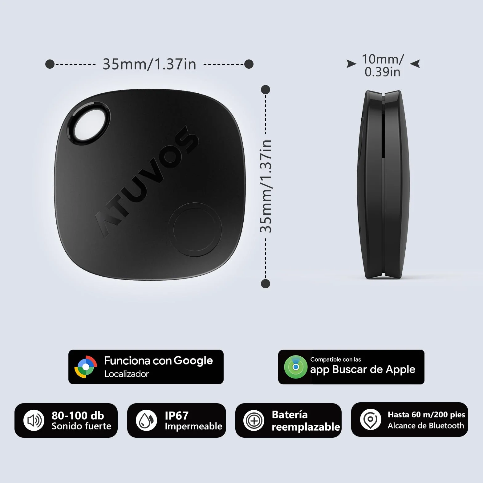 ATUVOS Air Tag Pro Smart Tag Tracker para Android & iOS, Dual Sistema Buscador de Objetos Compatible con Google Localizador o Apple Buscar APP, para Llaves/Equipaje/Maleta.Batería Reemplazable. 2 Pack