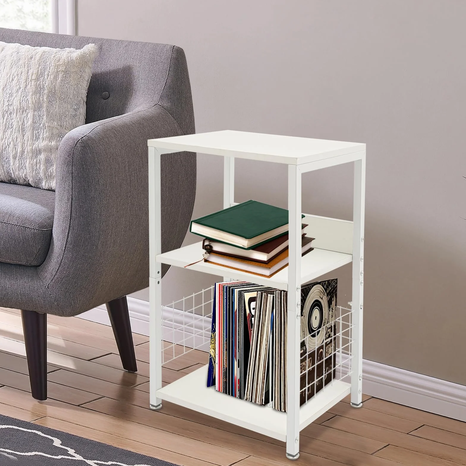 Soporte para discos de vinilo de 3 niveles, moderno con 4 almohadillas para los pies, soporte para tocadiscos con separadores extraíbles, capacidad de carga de 45,36 kg, para guardar