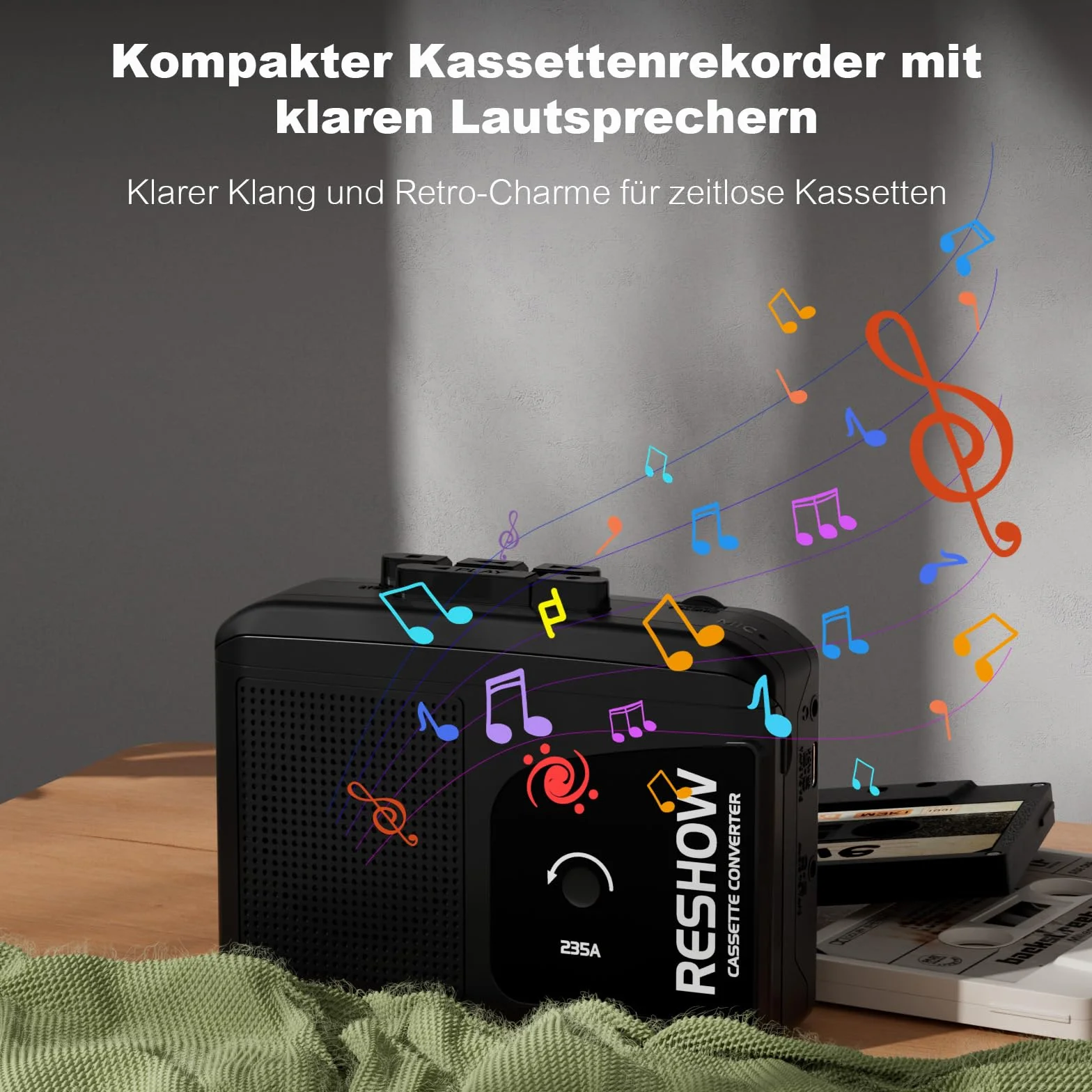 Reshow Grabadora de Casete Portátil Convertidor USB a MP3 con Micrófono y Altavoz, Auriculares Incluidos Negro