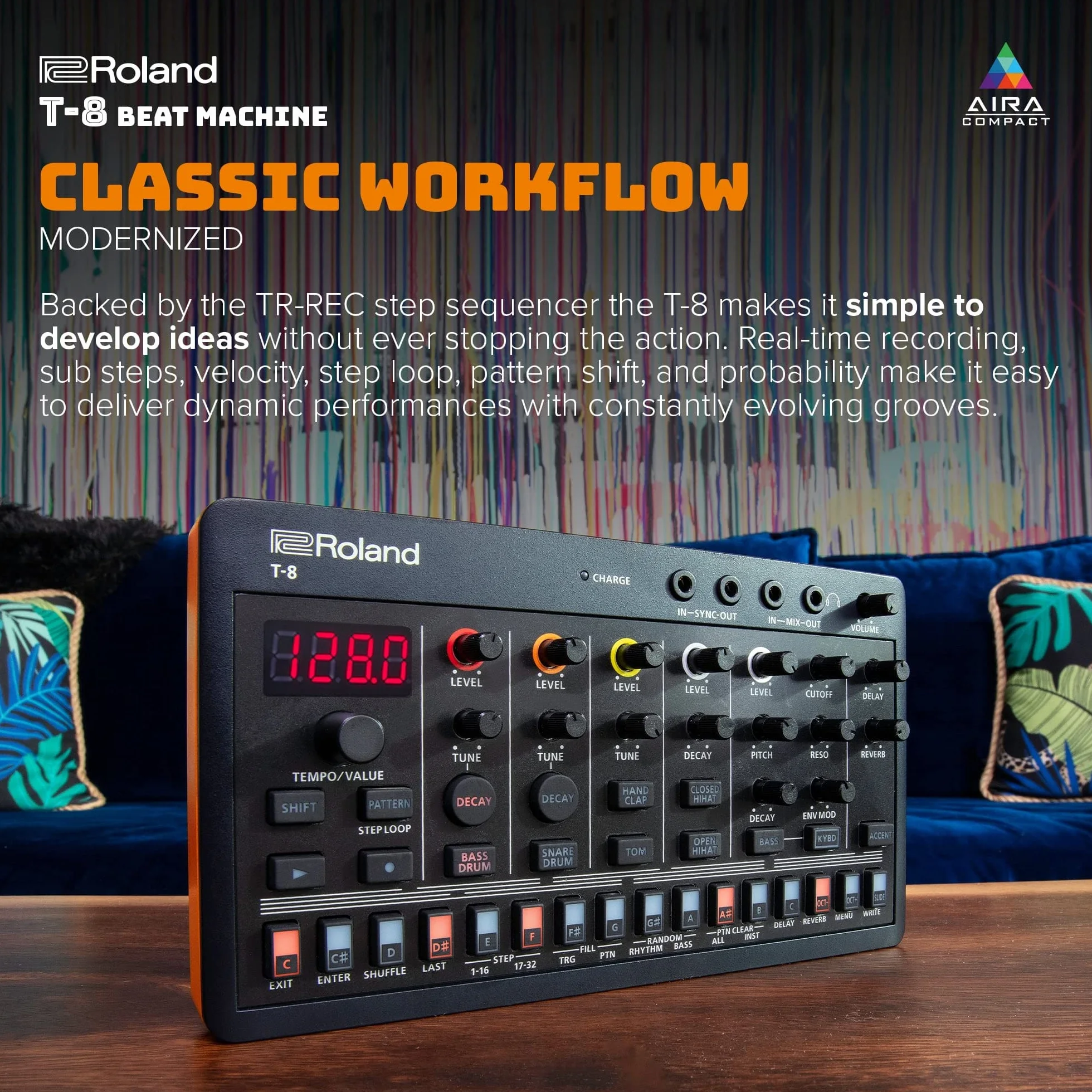 ROLAND AIRA Compact T-8 BEAT MACHINE | Máquina de ritmo y bajo ultraportátil con original Roland Sounds | Seis pistas rítmicas con sonidos de TR-808, TR-909 y TR-606, negras y naranjas