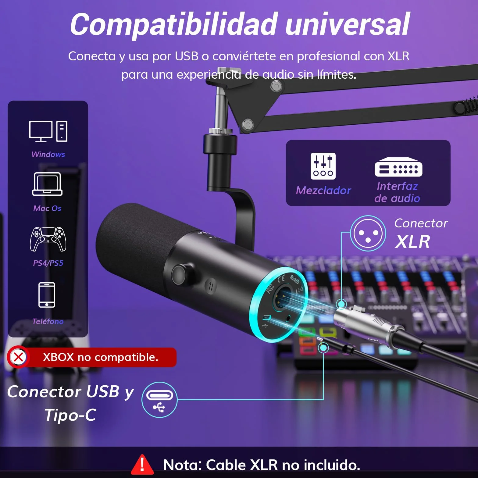 TONOR Microfono de Gaming Dinámico para PC, Micrófono Cardioide Streaming XLR/USB con Brazo para Podcast/Estudio, Cancelación de Ruido IA,RGB Controlable,Conector Auriculares 3,5 mm,Negro,TD510 AIR H+