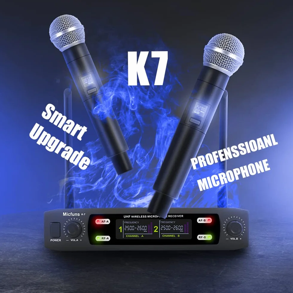 K7 - Juego de micrófono profesional inalámbrico 2 portátiles VHF 230-250 MHz sistema de micrófono 100 m de distancia para karaoke, fiesta, idioma
