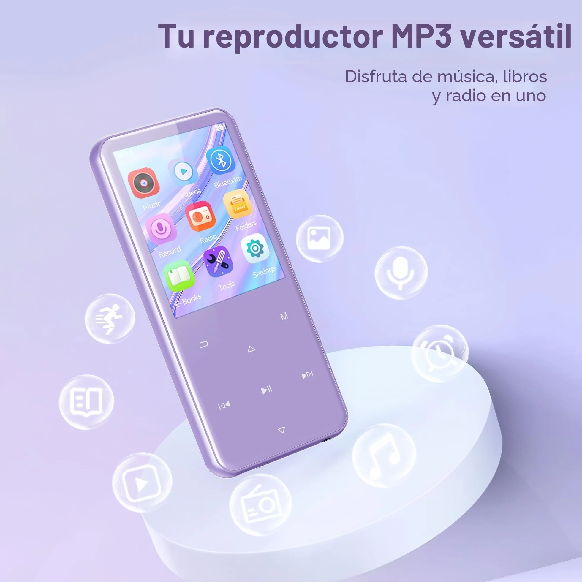 AGPTEK Reproductor MP3 64GB Bluetooth 2.4 Pulgadas Música Altavoz Radio FM Táctil 128GB Morado
