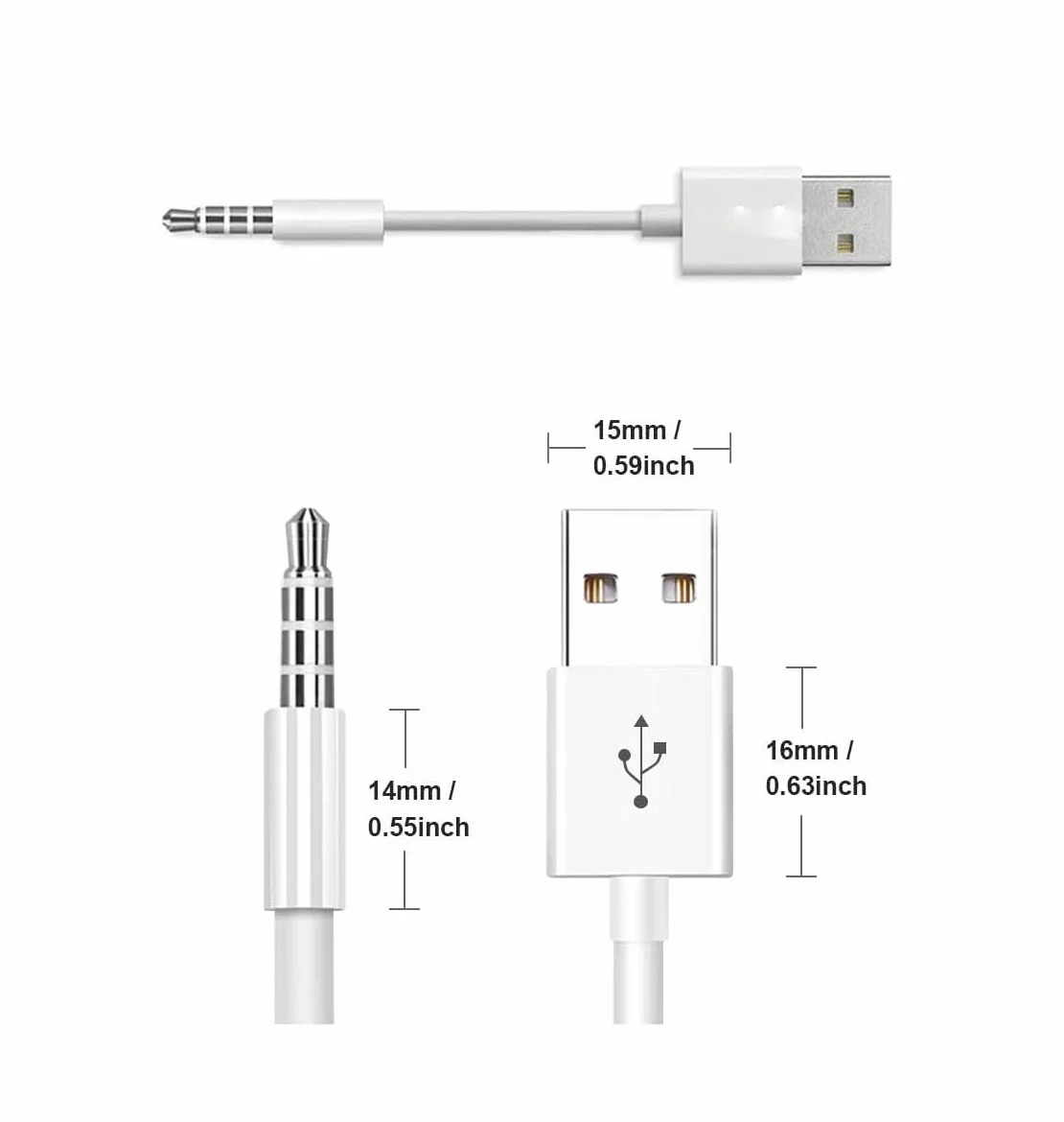 Cable para iPod Shuffle, conector jack de 3,5 mm a cargador USB + cable de repuesto de datos de sincronización compatible con iPod Shuffle, 3ª, 4ª, 5ª y 6ª generación, MP3/MP4, color blanco
