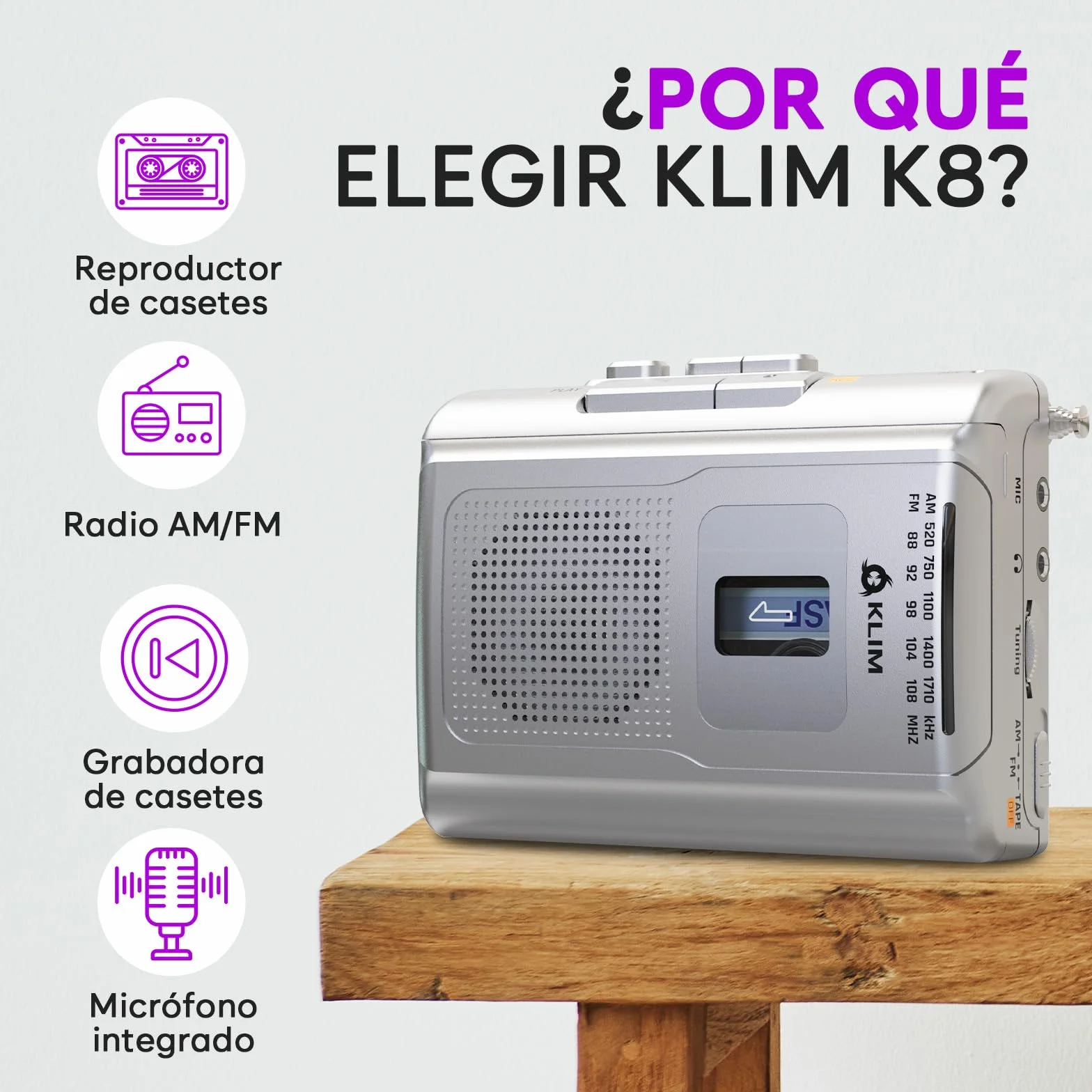 KLIM K8 Reproductor Cassette - Radio AM/FM - Micrófono y Altavoz Integrados - Plata