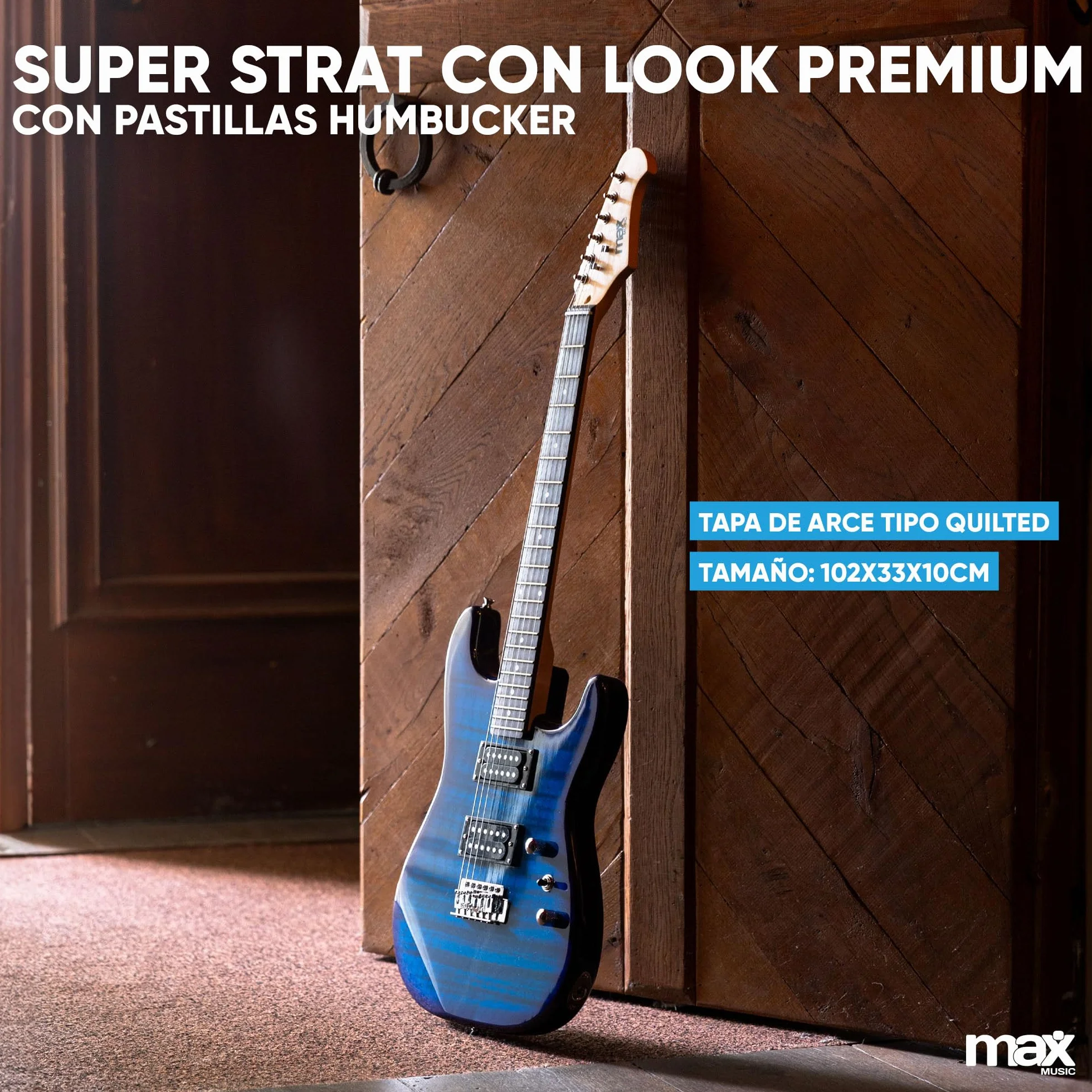 MAX GigKit Pack Guitarra Eléctrica Azul Oscuro Quilted con Amplificador 40W, Afinador, Funda, Correa y Juego de Cuerdas – Set de Iniciación Completo para Principiantes o Regalo Musical Perfecto