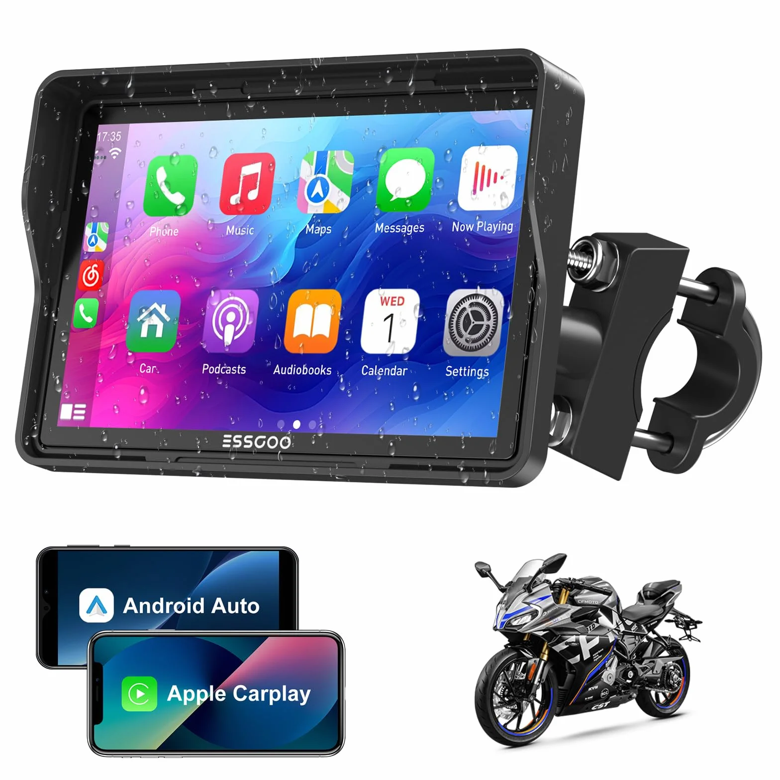 ESSGOO CarPlay para la mayoría de Las Motocicletas, con Soporte en U, inalámbrico CarPlay/Android Auto, Pantalla de 5" Impermeable, Audio Bluetooth, navegación GPS, Siri/G-oogle Asistente