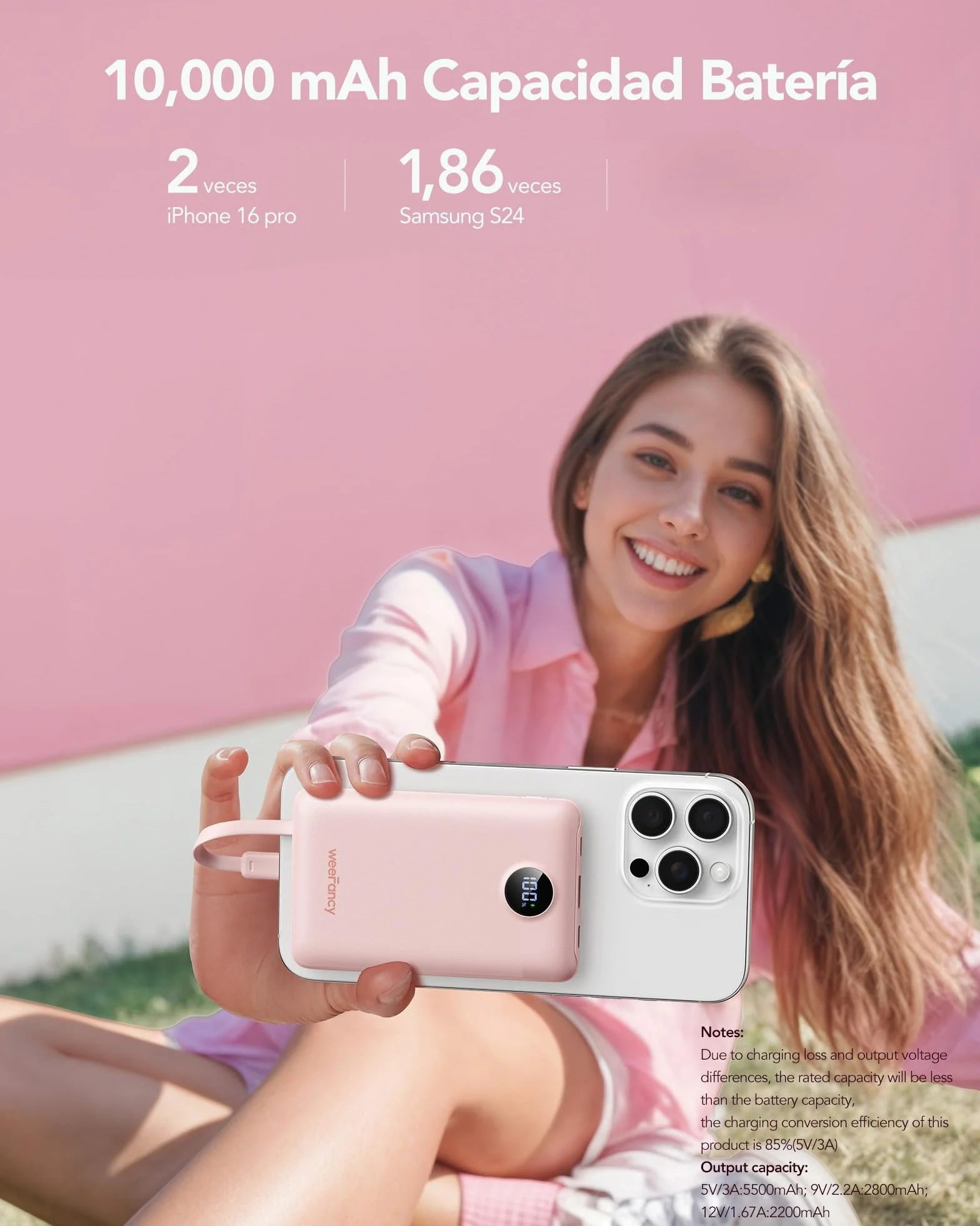 Mini Cargador Portátil para iPhone 10000mAh Slim PD 22.5 W de Carga Rápida con Cables Integrados, Viaje Esencial USB C Batería Pequeña Compatible con iPhone y Android (Rosado)