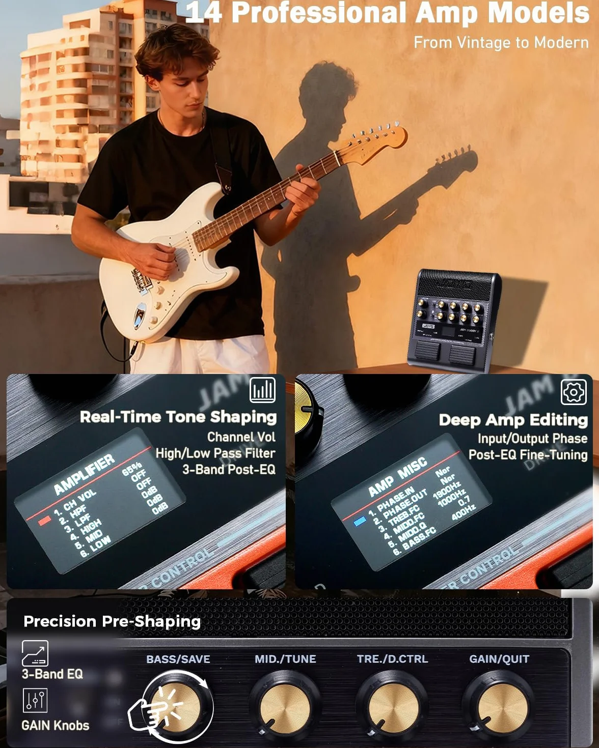 JOYO Amplificador Combo de Guitarra, 10 W, portátil, con pedal de efectos múltiple – 14 modelos de amplificación, ecualizador de 3 bandas, 36 ritmos y looper, grabación OTG, Bluetooth (Jam Buddy II