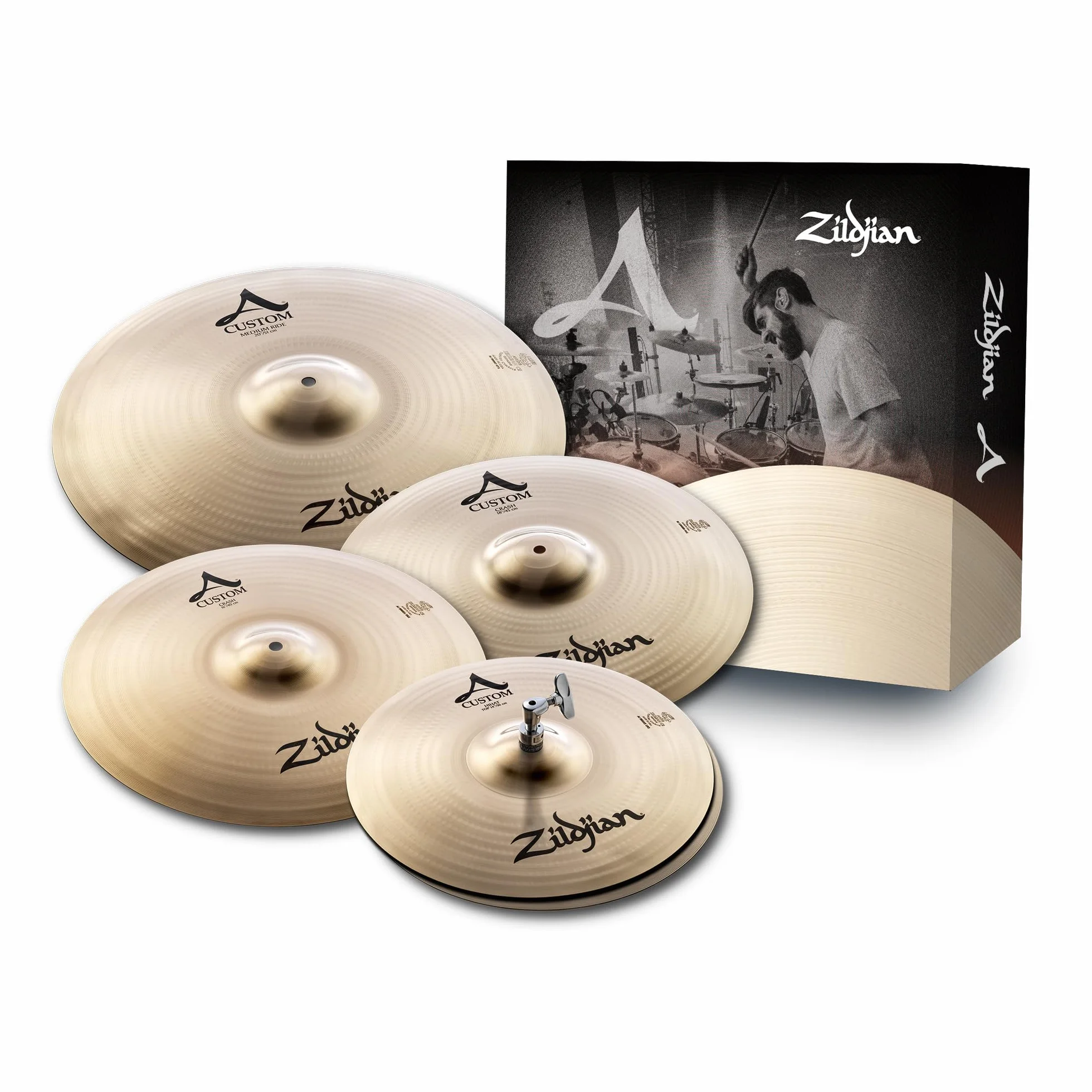 Zildjian A20579-11 A Custom Series Cymbal Box Set - 14" Hi-Hats, 16"/18" Crash, 20" Medium Ride, 4 Paquetes
