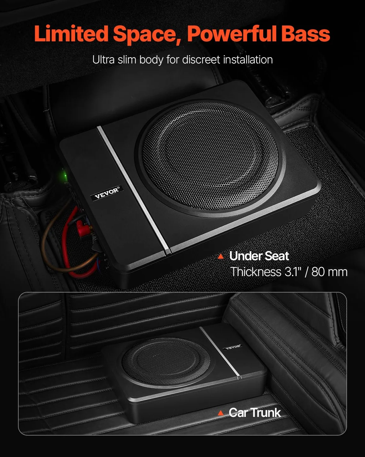 VEVOR Subwoofer para Debajo del Asiento 203mm 120W RMS Altavoz Compacto Amplificador Incorporado Control Remoto