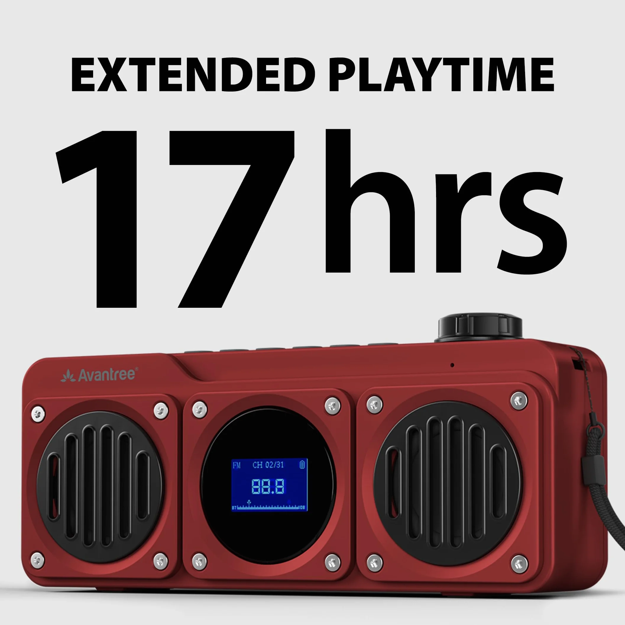Avantree Boombyte - Radio FM Portátil Pequeña 4 en 1 y Altavoz Bluetooth con Altavoz Duales (14W), Volumen Potente, Sonido Estéreo, Lector Micro SD y Puerto USB, Reproductor de MP3 Recargable - Rojo