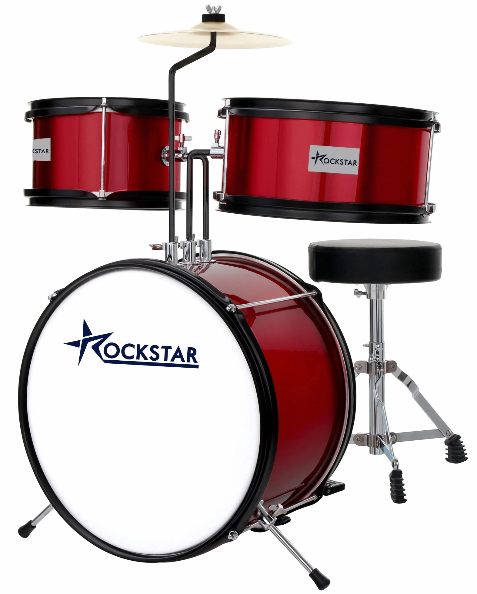 ROCKSTAR MUSIC - Batería Infantil de Madera para Jóvenes Músicos - Kit Completo de Percusión, Calidad Sonora Excepcional, Diseño Ergonómico - Incluye Asiento, Pedal de Bombo, Baquetas, Vino metalizado