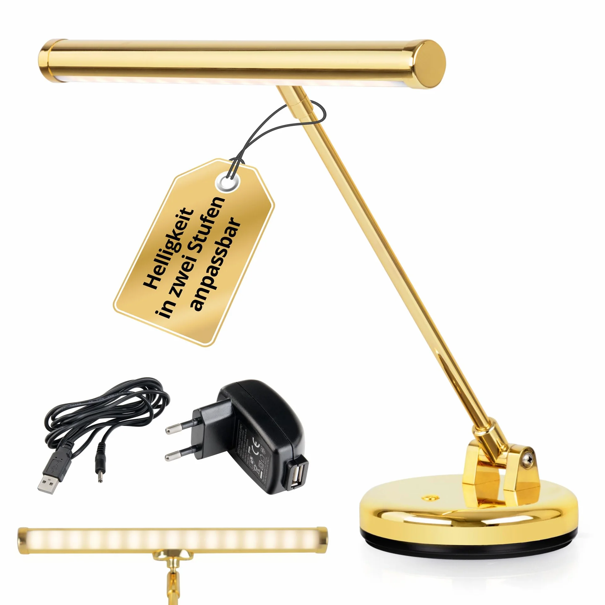 Showlite Lámpara de Piano LED PL-1-GD-WW - Lámpara para piano con 15 LEDs - luz blanco cálido en 2 niveles - 36 cm de altura - funcionamiento por USB, corriente o batería - oro brillante