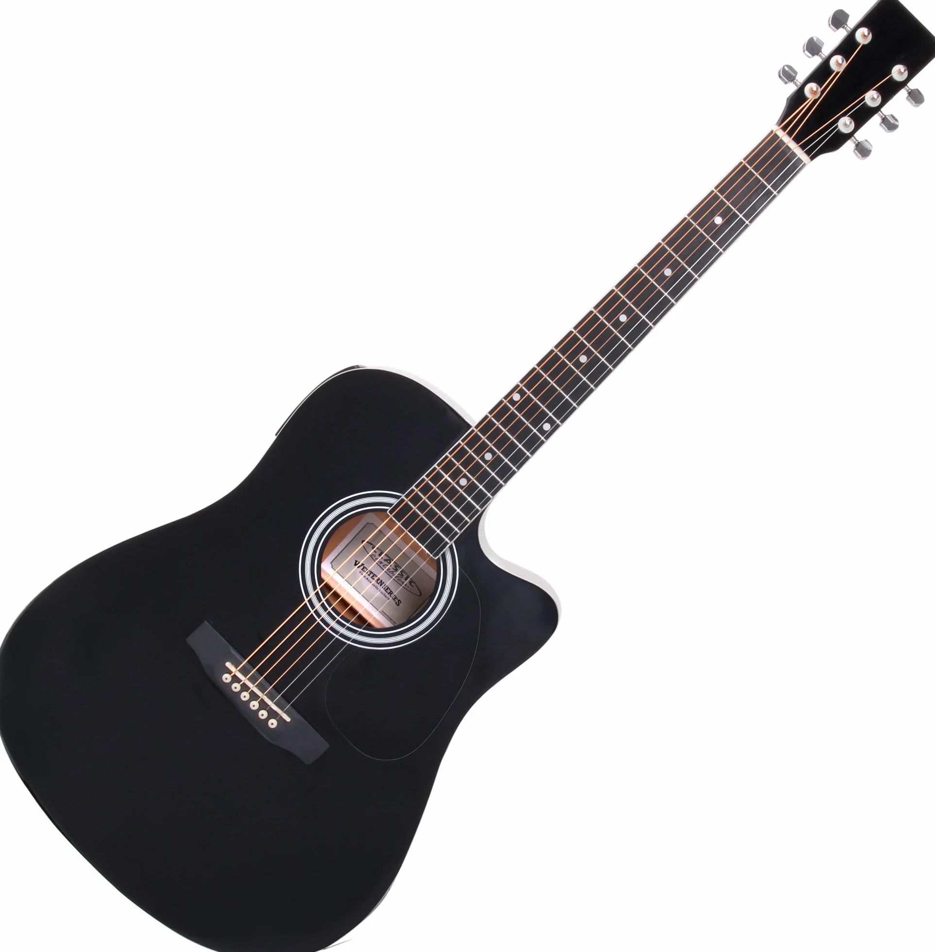 Classic Cantabile WS-10BK-CE Guitarra Western con pickup (Acústica y amplificada, Dreadnought, Cutaway, EQ de 3 bandas + Presence, Afinador con pantalla LCD, XLR y jack) negro brillo