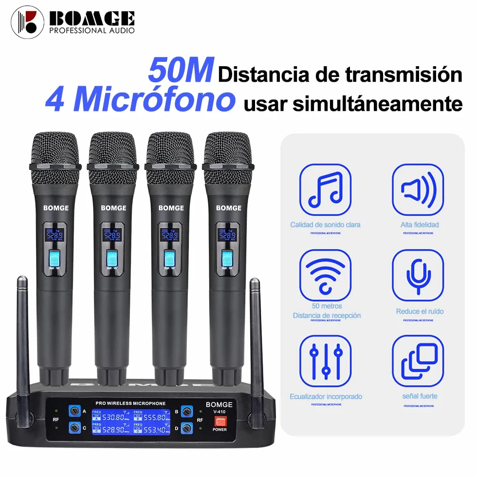 BOMGE Sistema de micrófono inalámbrico, Juego de micrófono inalámbrico Pro de 4 Canales con Cuatro micrófonos de Mano, frecuencia Fija, Largo Alcance de 200 pies, Ideal para Iglesia, Karaoke, Eventos