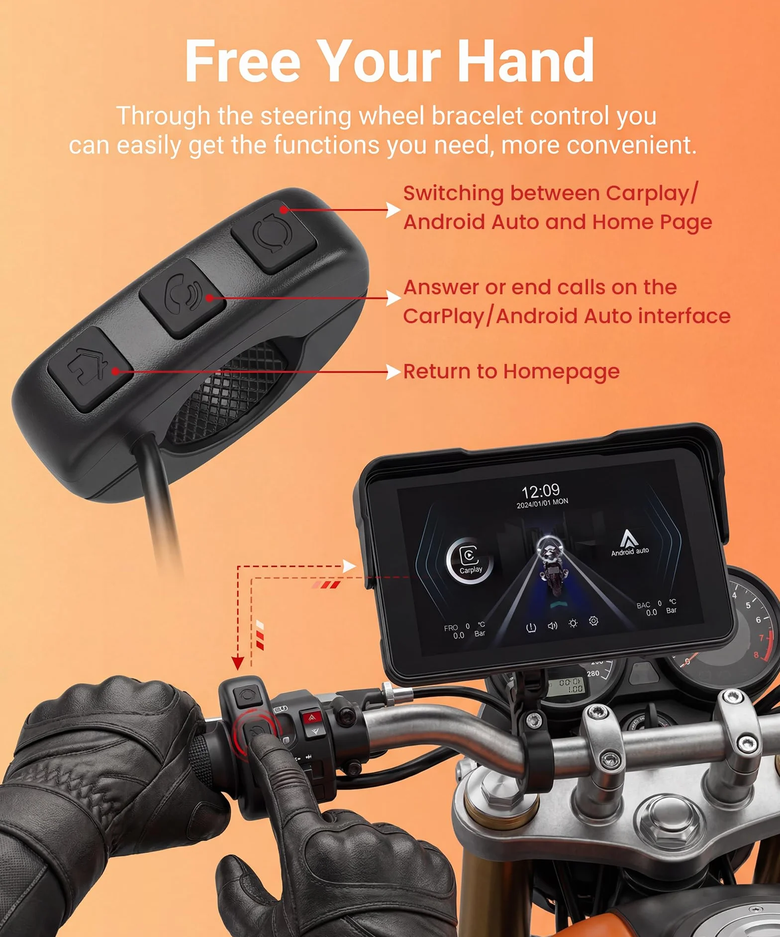Rimoody 5 Pulgadas Carplay Pantalla para Moto con Control en el Manillar Soporte Desmontable, Pantalla CarPlay & Android Auto Inalámbrica para Motos, Radio Car Play Wireless Bluetooth Impermeable IP68