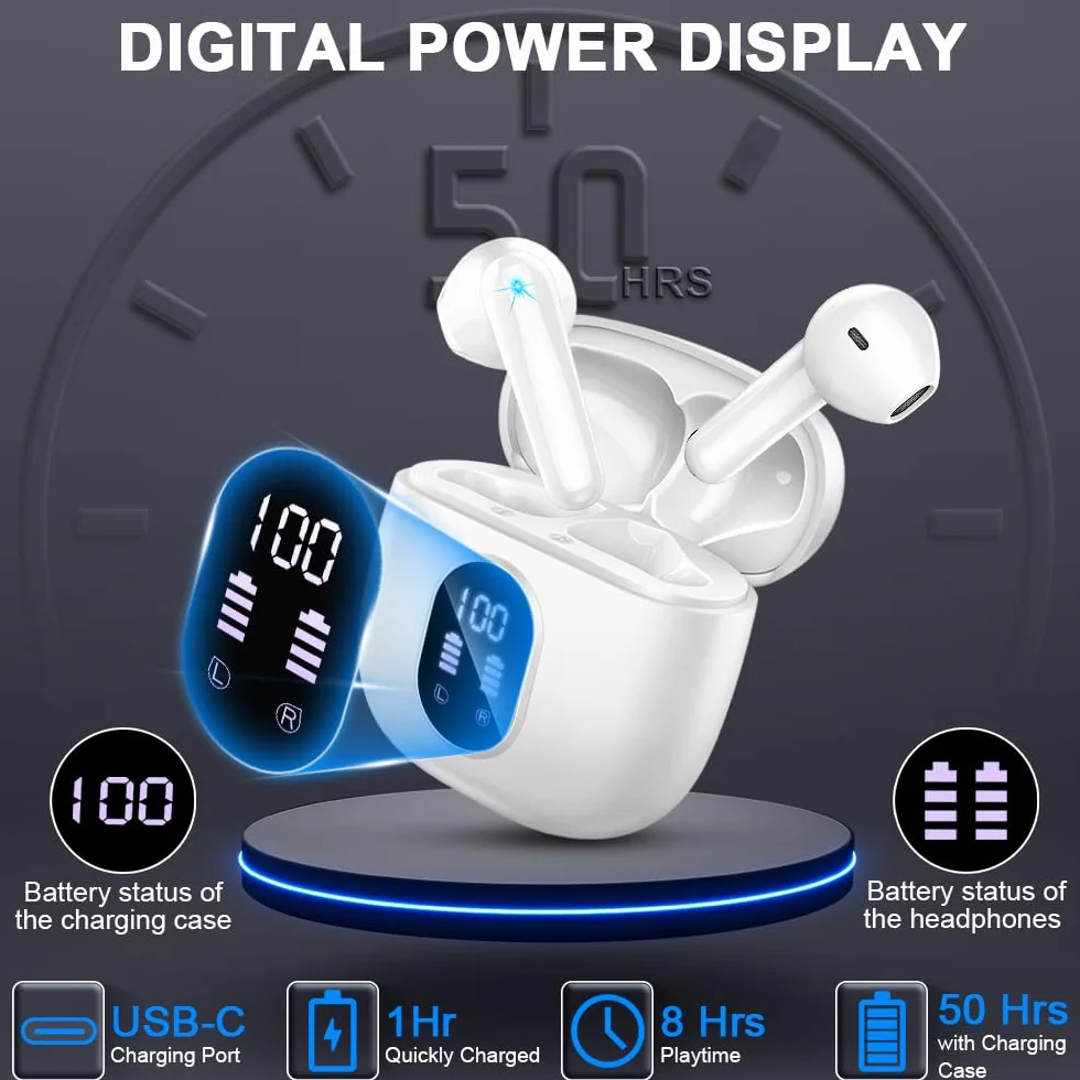 Auriculares Inalambricos, Auriculares Bluetooth 5.4 HiFi Estéreo, 50H Cascos Inalambricos Bluetooth con 4 HD Mic,New Audifonos Inalambricos Cancelacion de Ruido ENC/Pantalla LED/IP7 Impermeable/USB-C