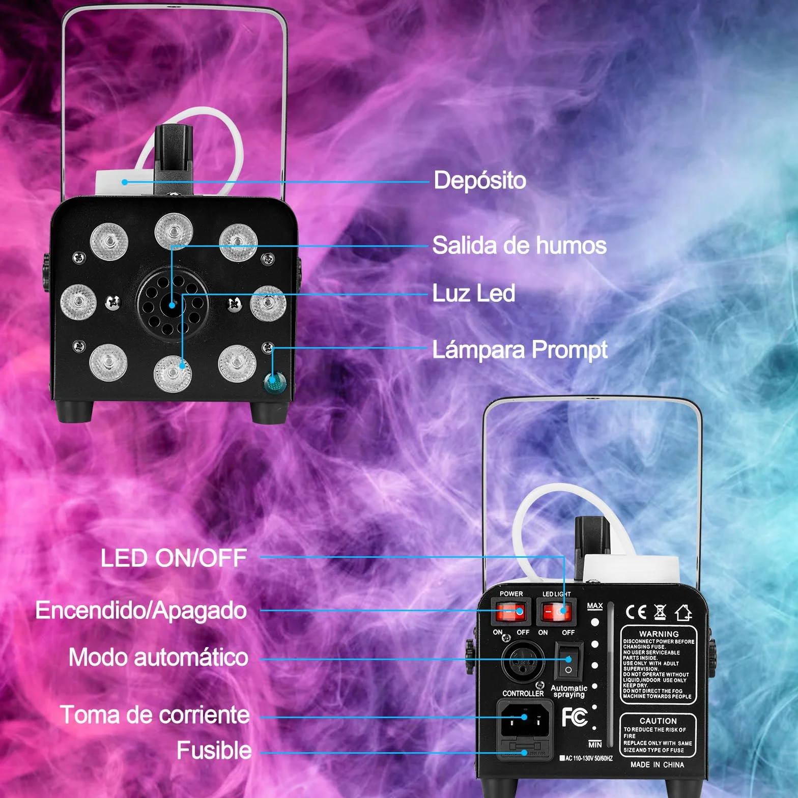 AGPtEK Máquina de Humo con 8 LED y 13 Colores de luces LED, Efectos RGB, Funcionamiento Separado con 2 controles remotos con cable e inalámbricos, para Fiestas Navidad, Bodas,Escenarios,Discoteca,DJ