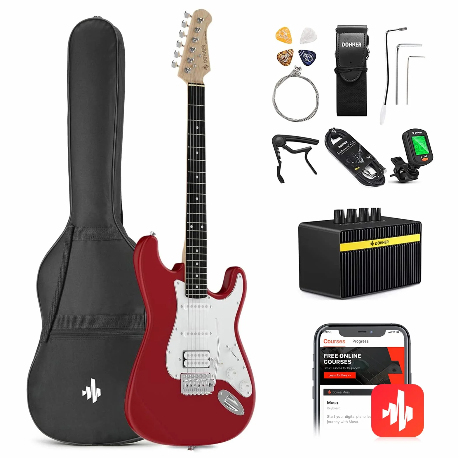 Donner Guitarra Eléctrica Tamaño Completo 39 Pulgadas con Amplificador, Bolsa, Capo, Correa, Cuerda, Sintonizador, Cable y Púas (Rojo, DST-100R)