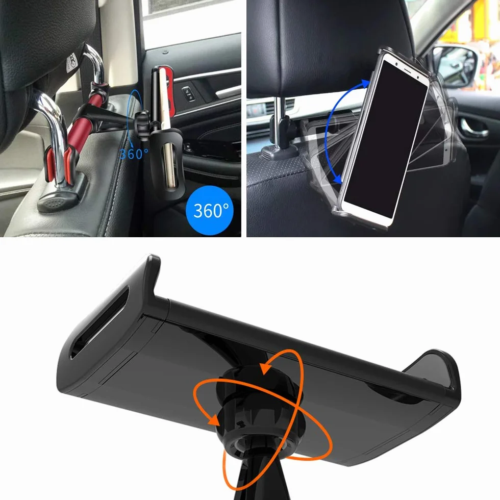 Soporte Tablet Coche Soporte para Reposacabezas Sporte del Asiento Trasero Soporte Base Ajustable 360° Antideslizante para 4"-11" Pulgada Tablets Smartphones Ipads E-Reader【Negro】