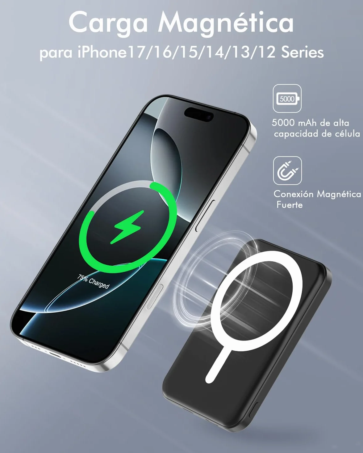 podoru Power Bank for mag-Safe 5000mAh, Power Bank Magnético con USB-C Cable Bateria Portatil Carga Rapida Inalámbrico Bateria Externa iPhone para iPhone 17/16/15/14/13/12 Serie, Negro