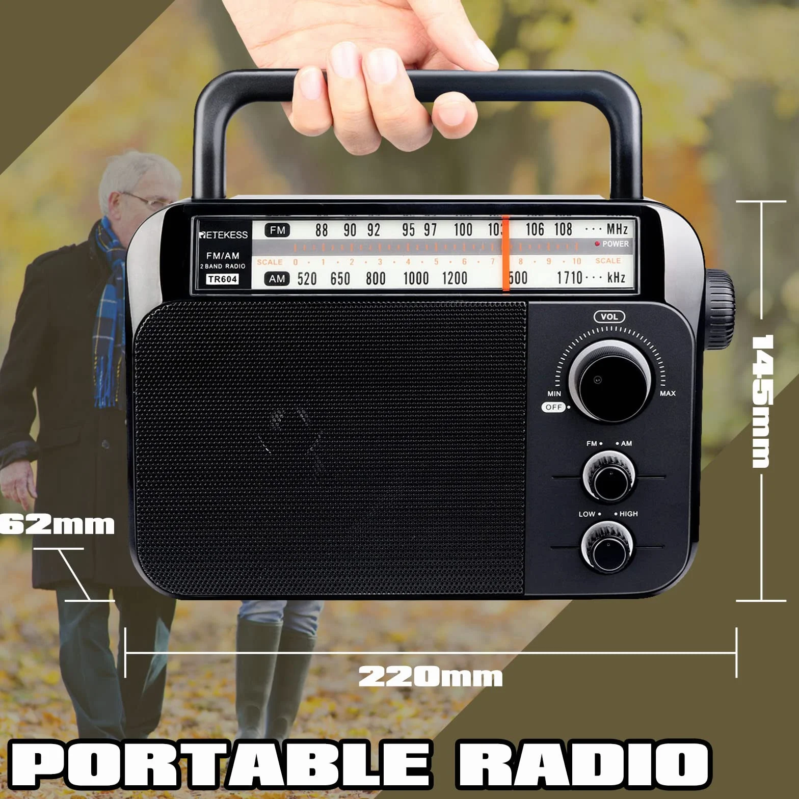 Retekess TR604 Radio portátil, Radio Am FM,Perilla Grande, Altavoz Grande,Admite Ajuste de Agudos y Graves, Fácil y Simple de Usar, Adecuado para Personas Mayores