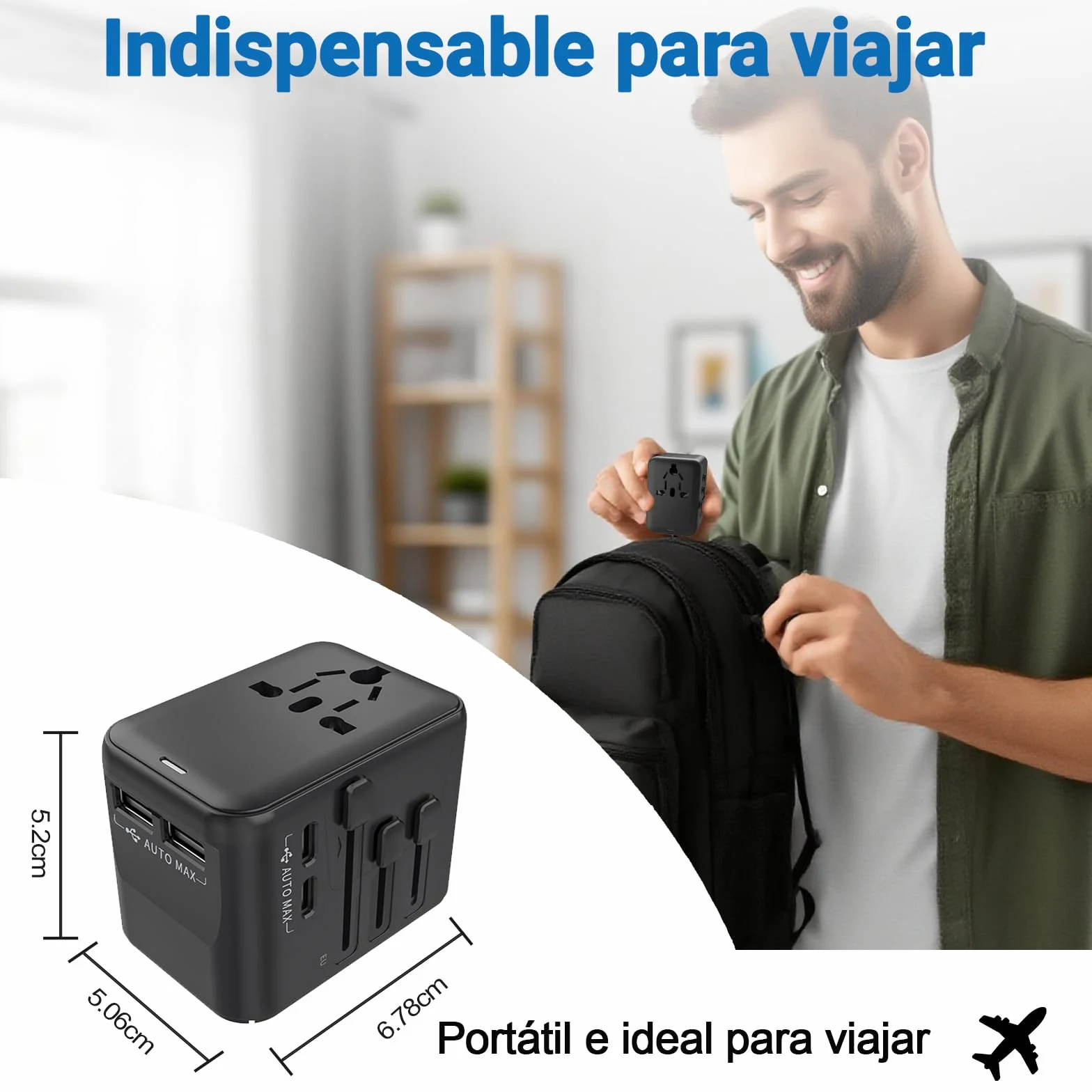 Adaptador Enchufe Universal Adaptador de Viaje con 2 USB-C y 2 USB-A, Enchufe USB Adaptador Universal para EU, UK, Americano, Canadá, Australia,Brasil,Argentina& 200+País