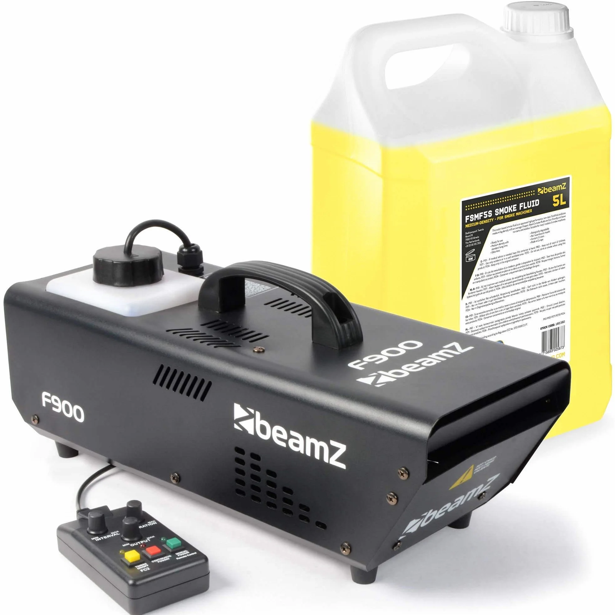 BeamZ F900 Hazer Pack de máquina de niebla + 5 litros de líquido de niebla, 900 W con mando a distancia, depósito de 900 ML, temporizado, generación de niebla constante, teatro, DJ, fiesta