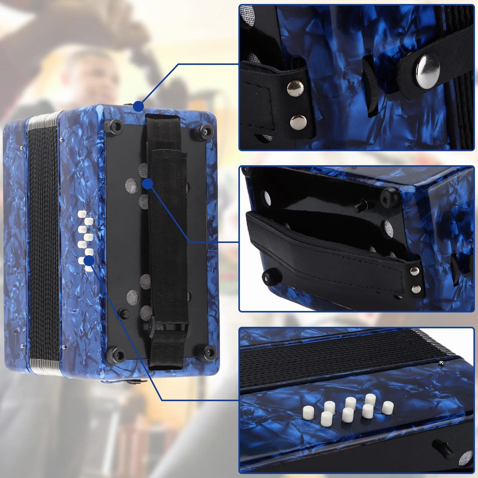 Acordeones 22 Teclas 8 Bajos Acordeón Profesionales tocando azul | Acordeon Musical Teclado Instrumento musical educativo Regalo de Adultos Principiantes Rendimiento