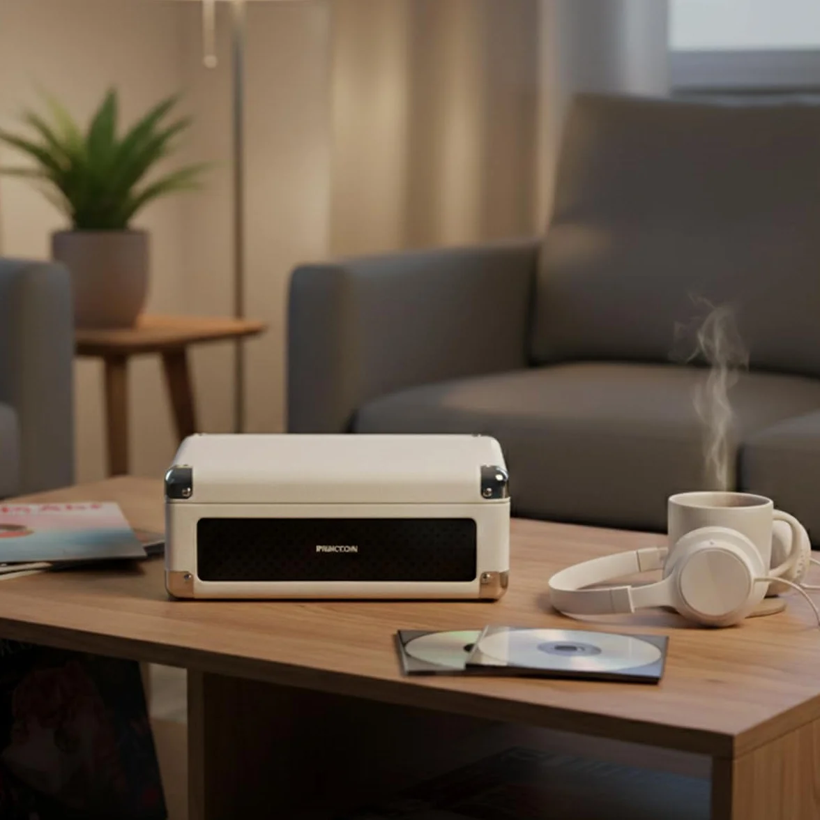 PRIXTON Reproductor CD Portátil Boogie con Bluetooth, Radio FM y AUX, Altavoz 6W (2x3W), Compatible CD/MP3/WMA, Batería Recargable 3000 mAh, Salida Auriculares, Diseño Maletín (Crema)