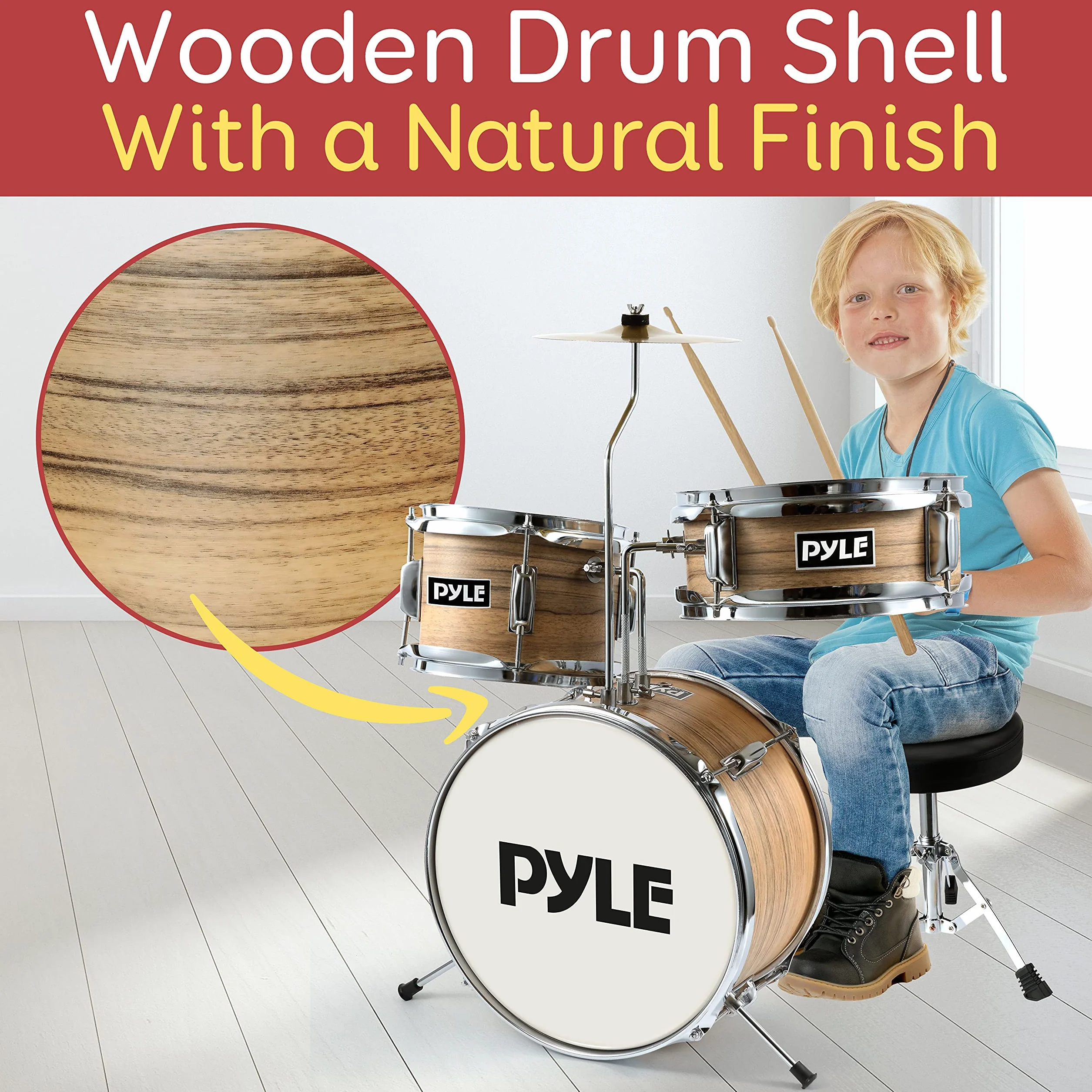 Pyle bateria infantil 5 años en adelante, Principiantes, Bombo de 13”, Snare, Tom, Platillo, Banqueta, Sordinas, Baquetas