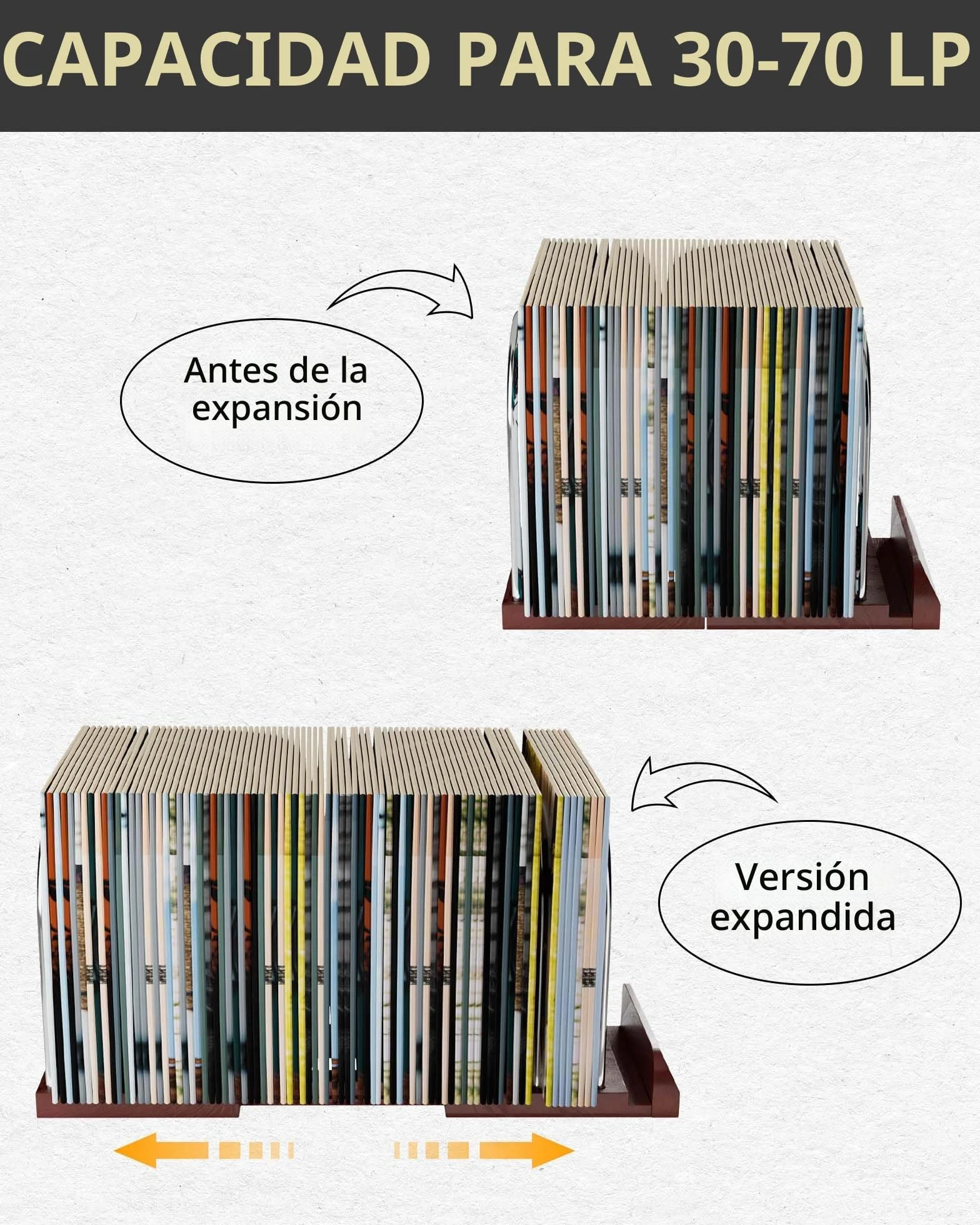 BS-VOG Soporte Vinilos, Expositor Discos Vinilo Extensible 30-70 LP, “Now Playing”, Estante Madera & Metal, Soporte Estable Para Decoración Hogar & Amantes Música
