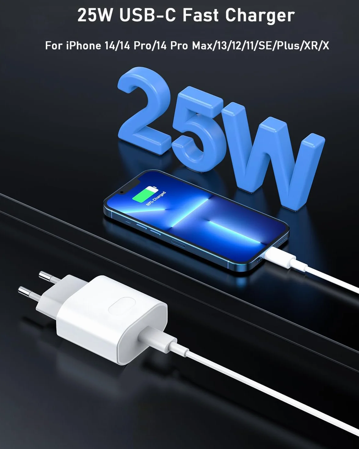 Cargador Carga Rapida for iPhone 14/14 Pro/14 Pro Max/14 Plus 13 12 11 SE XR X XS 8, 25W USB C Carregador Enchufe Rapido con 2M Cable