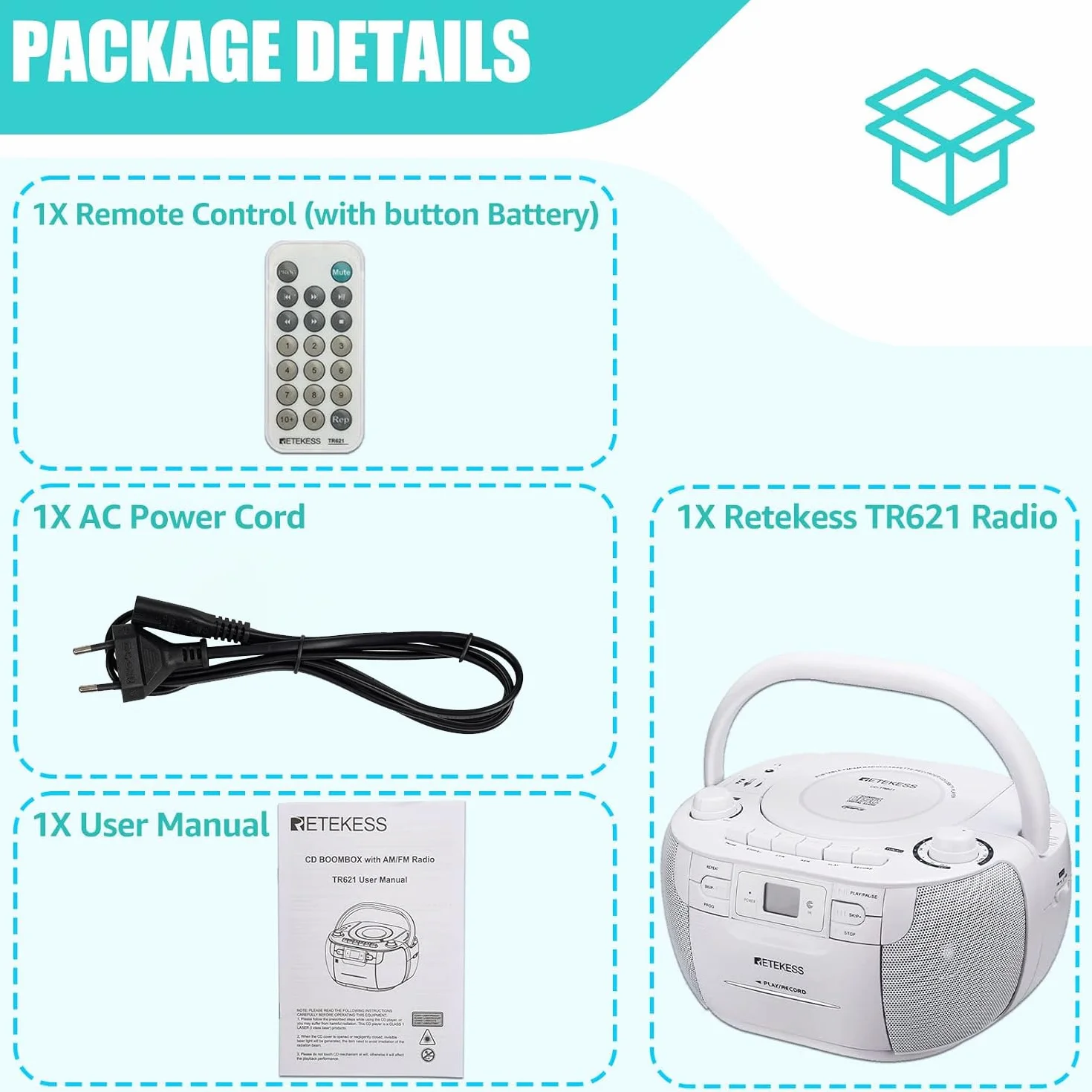 Retekess TR621 Radio CD Reproductor Boombox Stereo FM AM USB TF Grabación Control Remoto Blanco