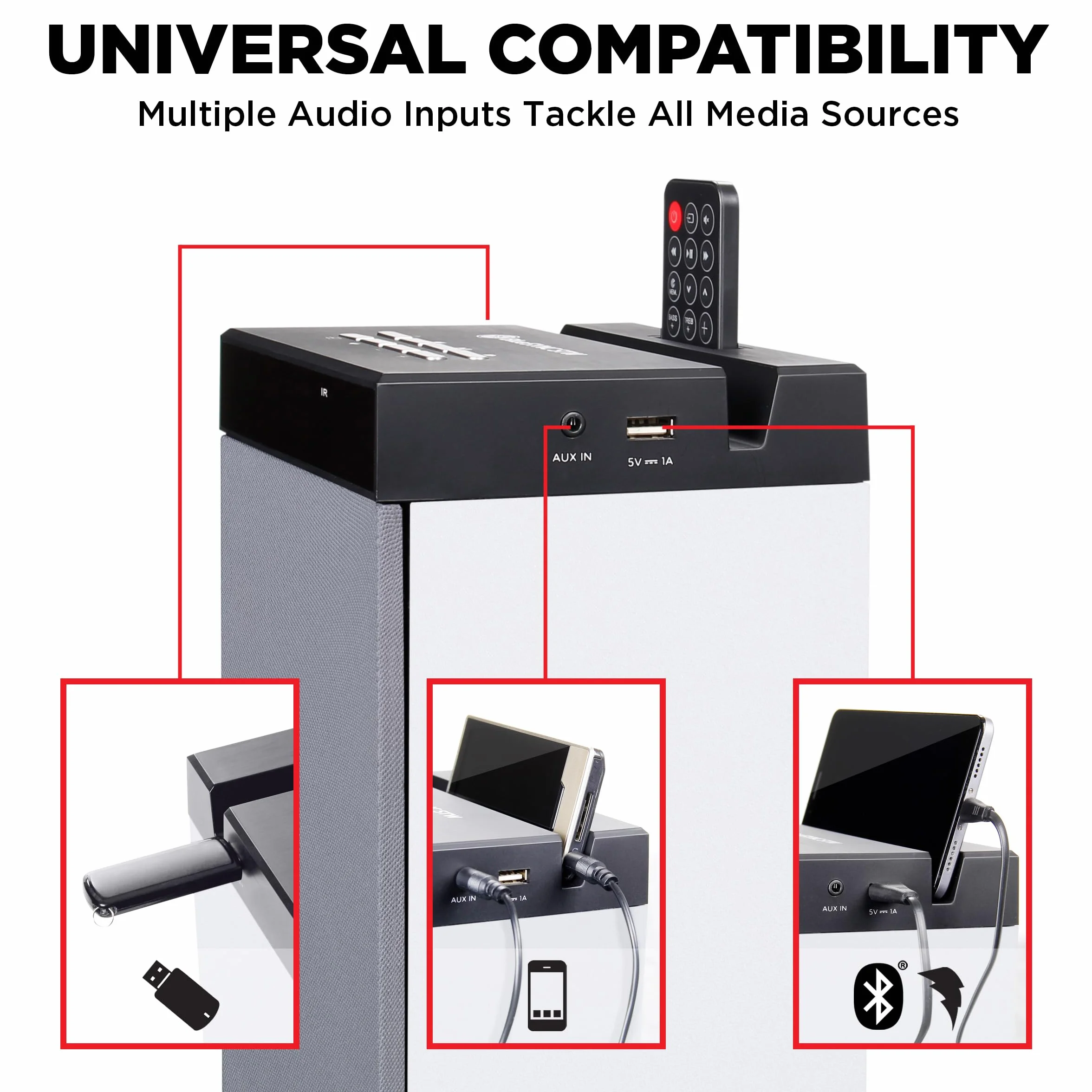 GOgroove Altavoz Bluetooth Torre con Subwoofer 120W Pico, USB 2.0, AUX, Radio FM Blanco