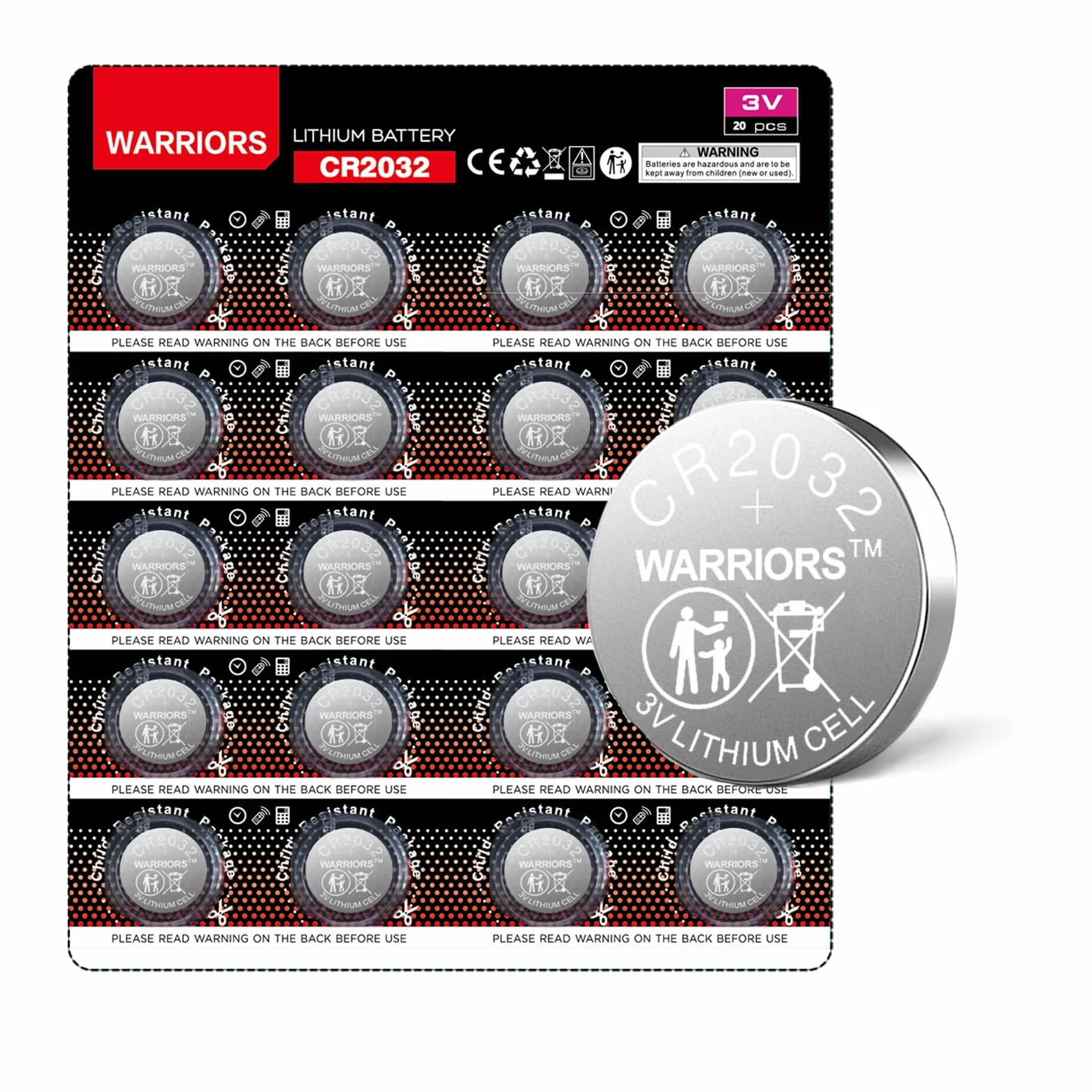 Warriors 20X CR2032 2032 Pilas de Litio de 3V Tipo Botón, Empaque Seguro para Niños, para Dispositivos Electrónicos y Llaves de Coche
