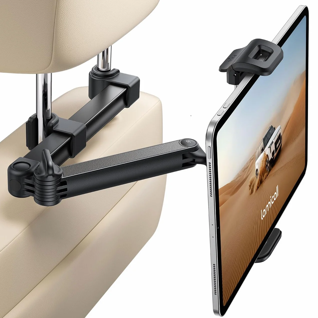 Lamicall Soporte Tablet Coche para Reposacabezas - [Clip Plegable] [con Cerradura] Brazo Metálico, 360° Rotación, Soporte Tablet Plegable para iPad Pro, Air, Mini, Galaxy Tab, y 5,4-13" Dispositivo