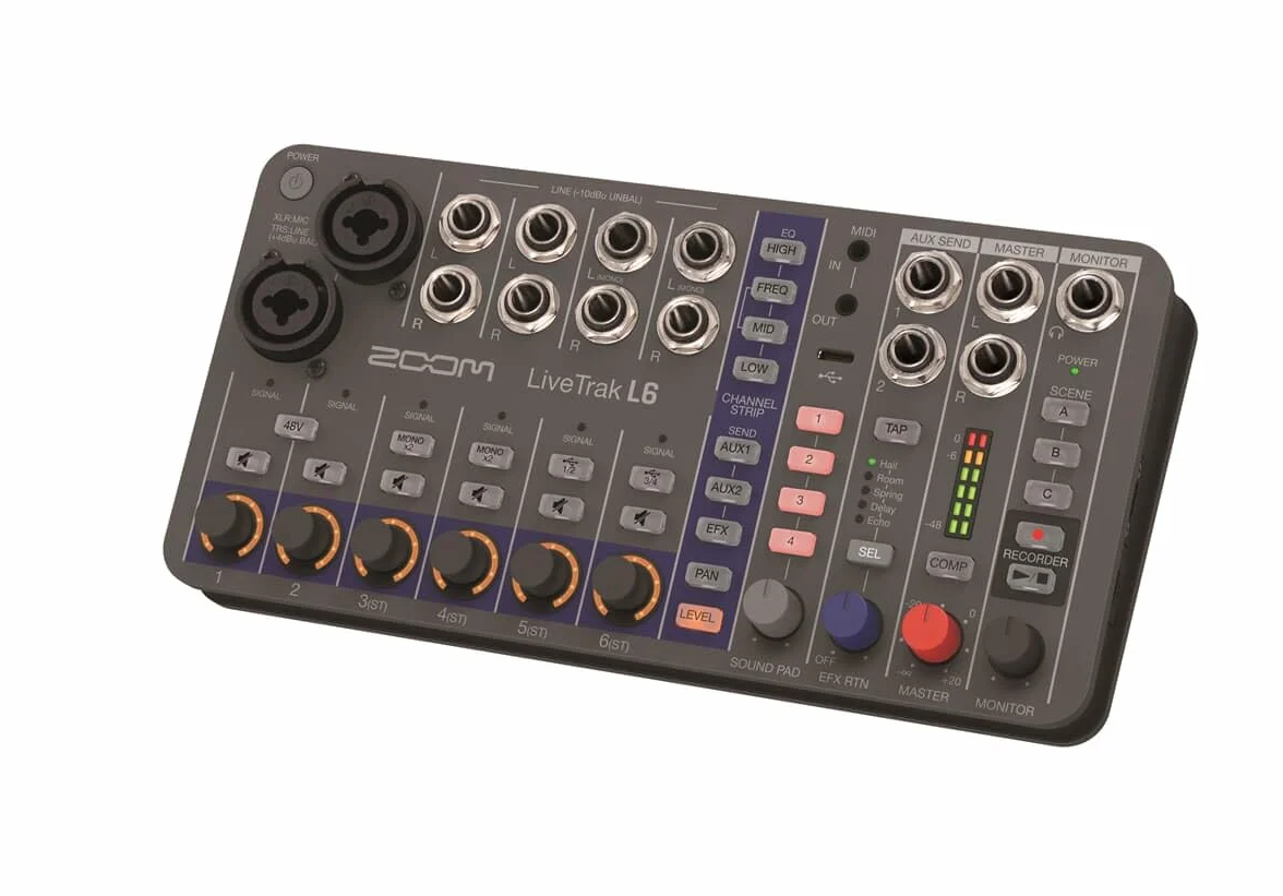 Zoom L6 - Grabador y mezclador de audio digital de 10 canales, 2 entradas combo + 4 estéreo, ecualizador de 3 bandas, 1 salida maestra - Adaptador de red AD-17 integrado y cable USB