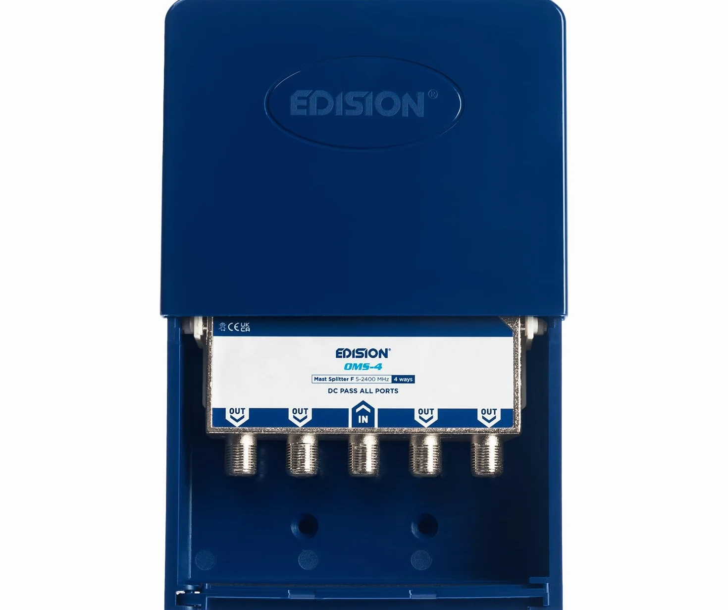 EDISION OMS-4 Repartidor de Mástil 4 Salidas Exterior, Adecuado para Terrestre, Satélite, Televisión por Cable, Unicable, 5-2400mhz, DVB-S2, DVB-T2, DVB-C, Paso de DC, Caja Estanca Exterior, 4-Vías