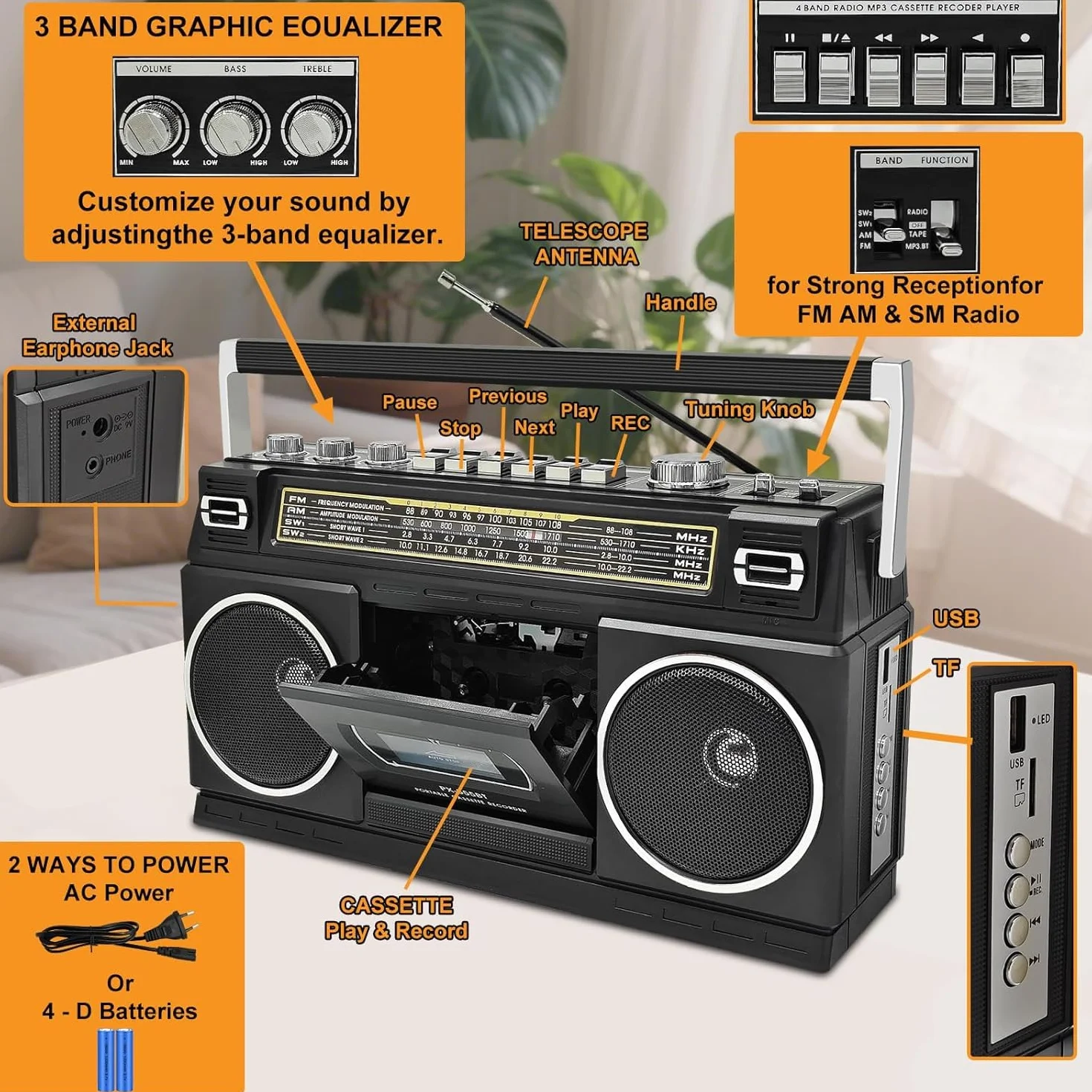 Reproductor de casetes con Bluetooth y radio (AM/FM/SW) | Digitalización de casetes a USB | Sonido estéreo, 10W, reproductor de casetes, reproducción USB/TF, alimentación por red/batería Boombox