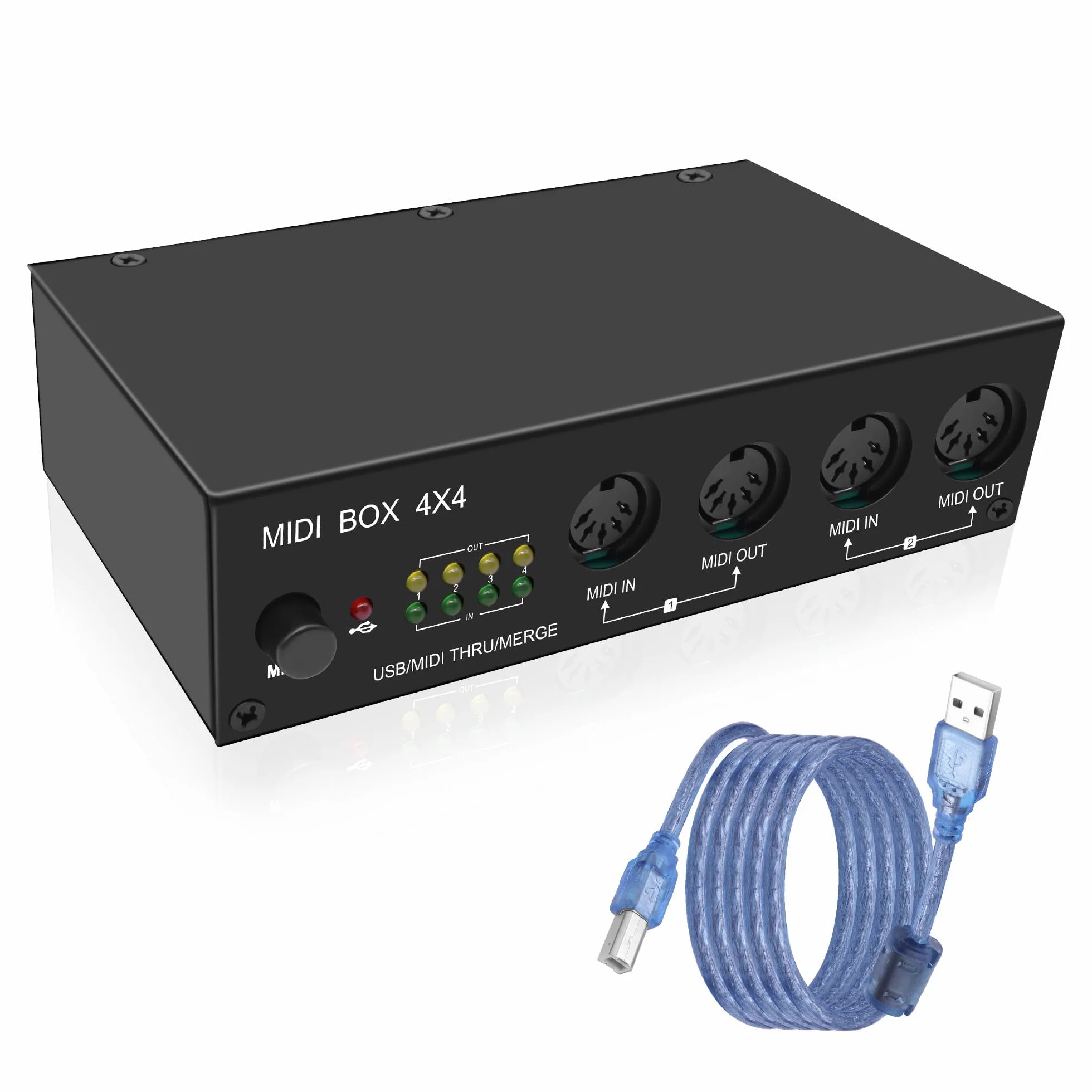 XMSJSIY Caja de interfaz USB MIDI 4 en 4 salidas 64 canales MIDI Thru Box 4 x 4 convertidor con enrutador Merge Splitter Thru Hub con indicadores LED para PC, Mac e instrumentos USB MIDI